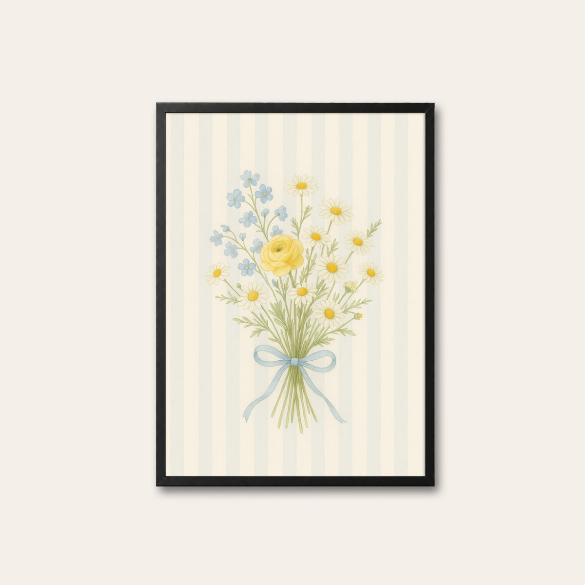 Ribbon and Blooms - Striped Bouquet Print - black frame