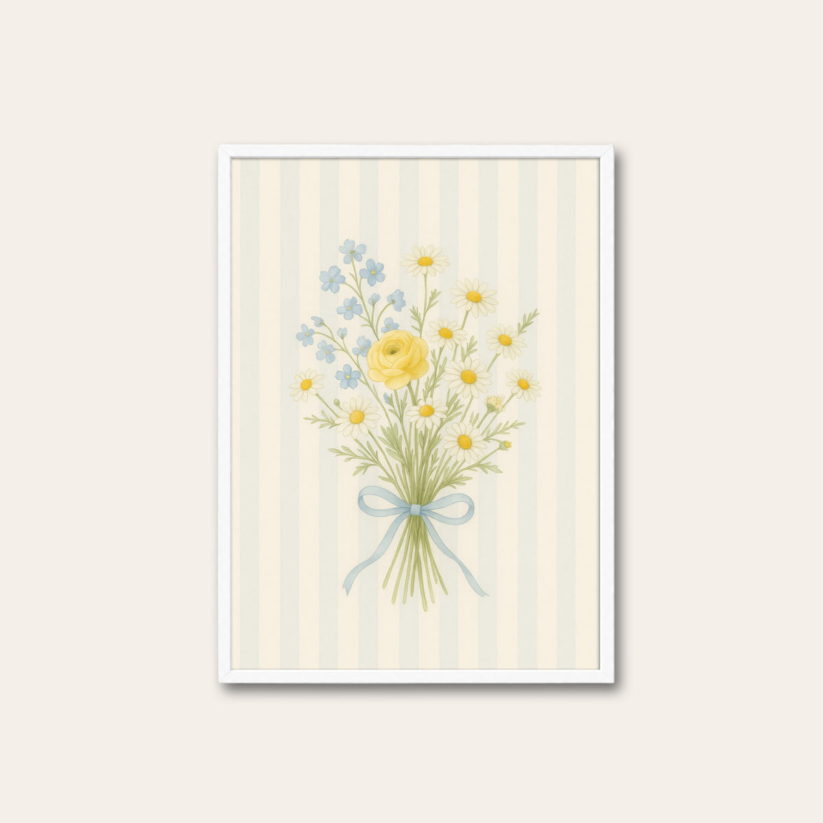 Ribbon and Blooms - Striped Bouquet Print - white frame