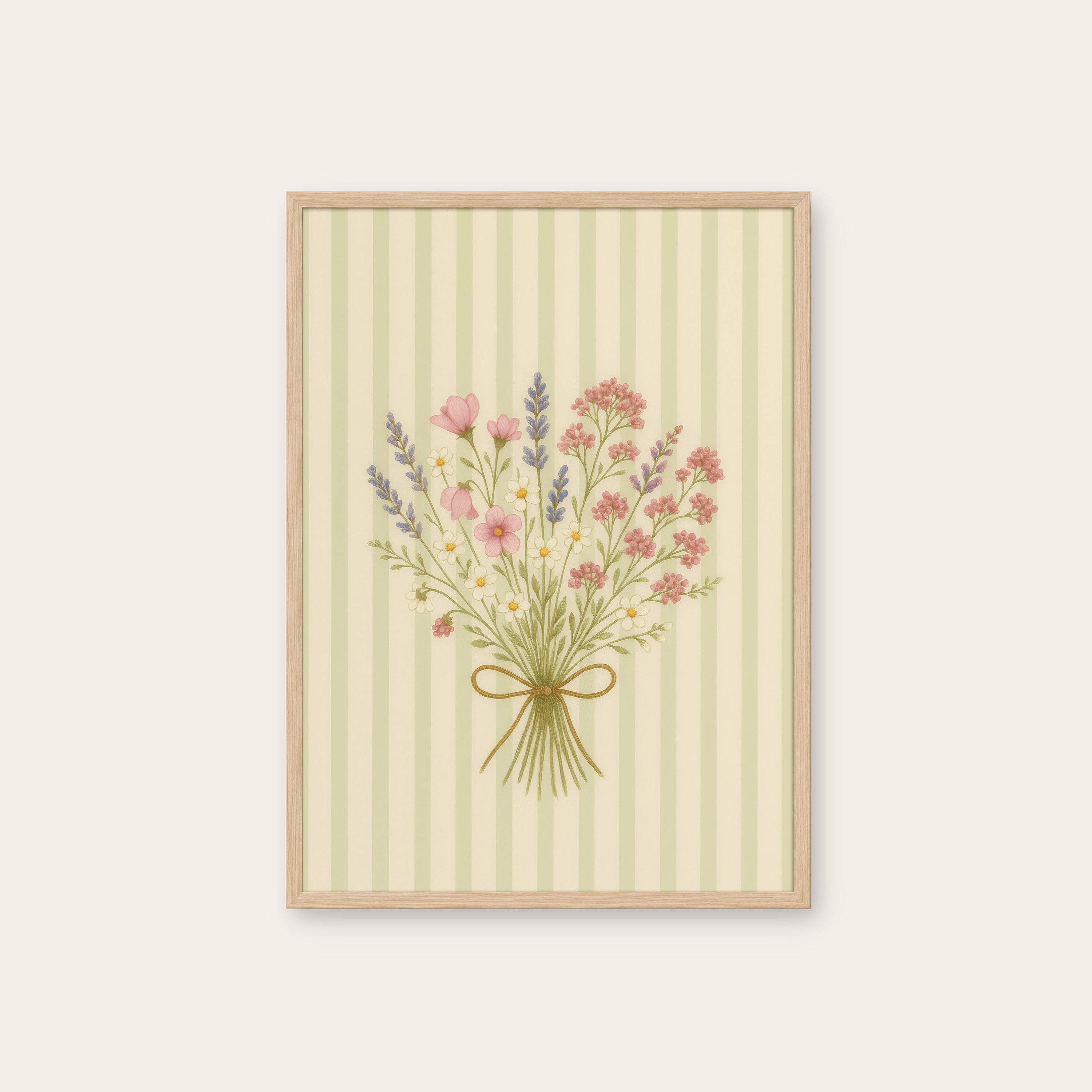 Meadow Posy — Stripe Bouquet Print – natural wood frame