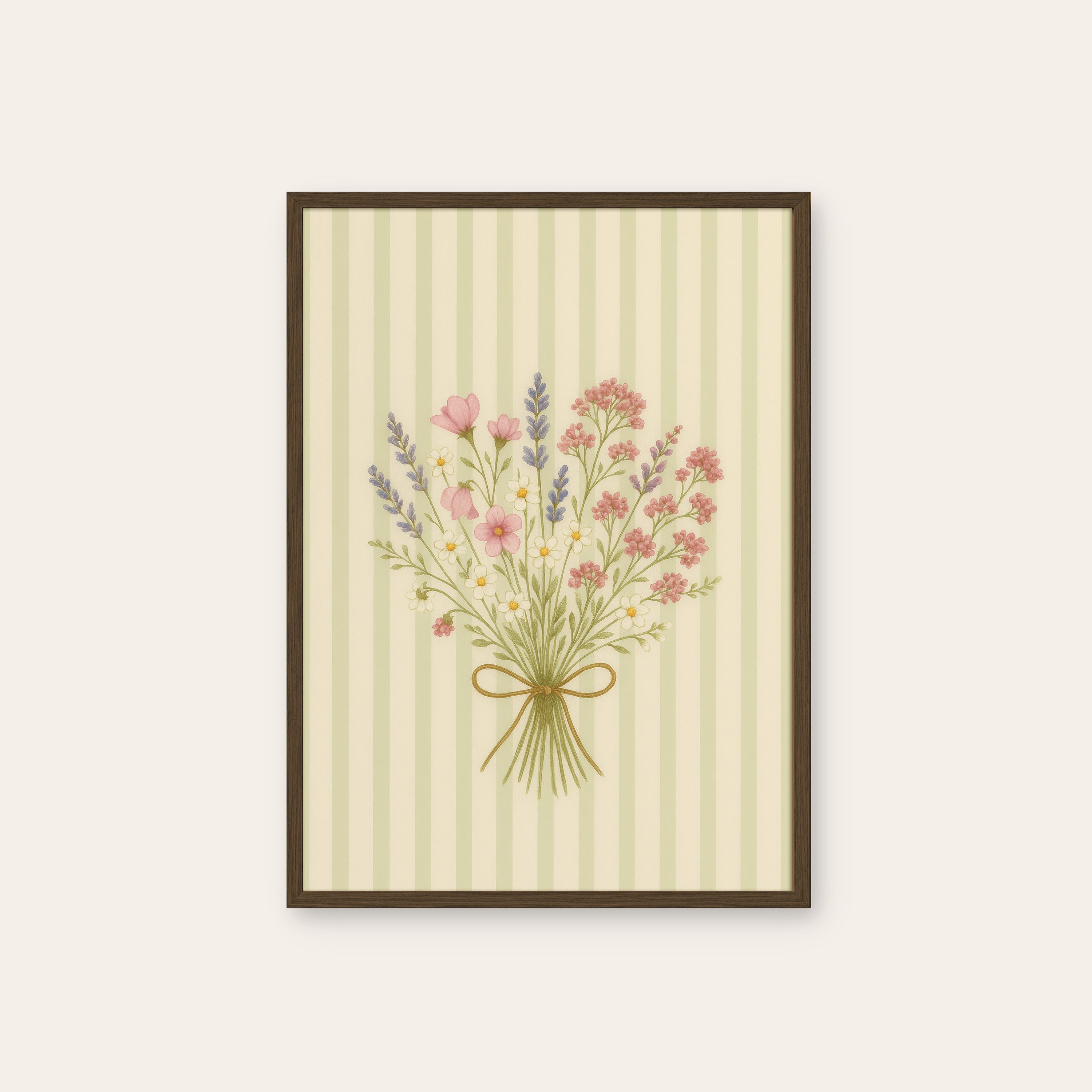 Meadow Posy — Stripe Bouquet Print – dark wood frame