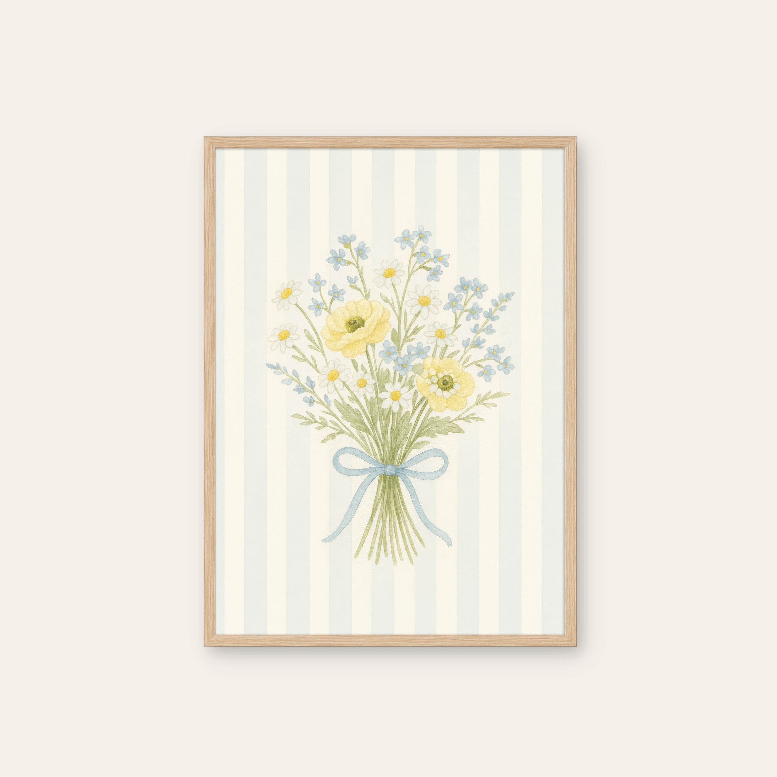 Buttercup Posy — Yellow Stripe Print – natural wood frame