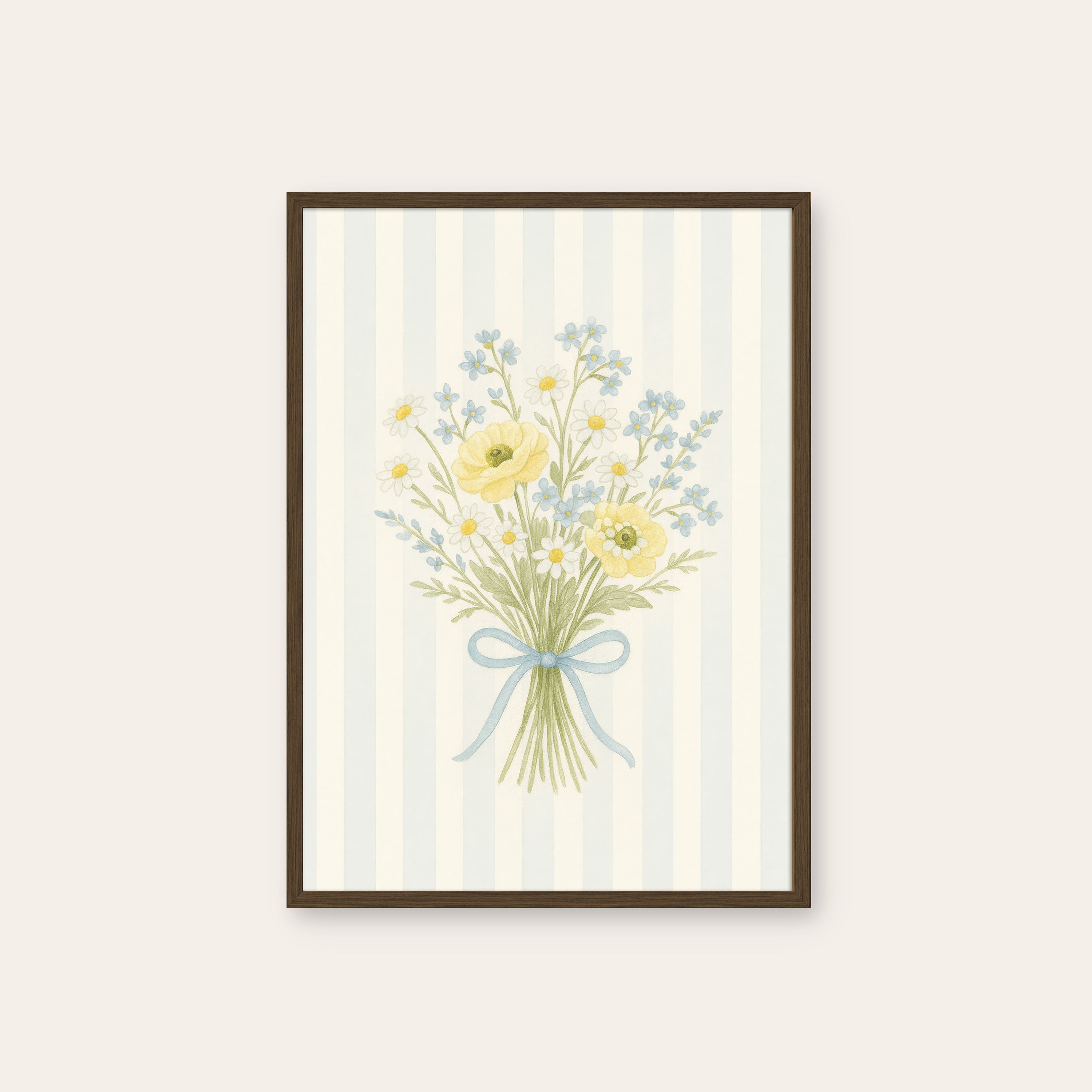 Buttercup Posy — Yellow Stripe Print – dark wood frame