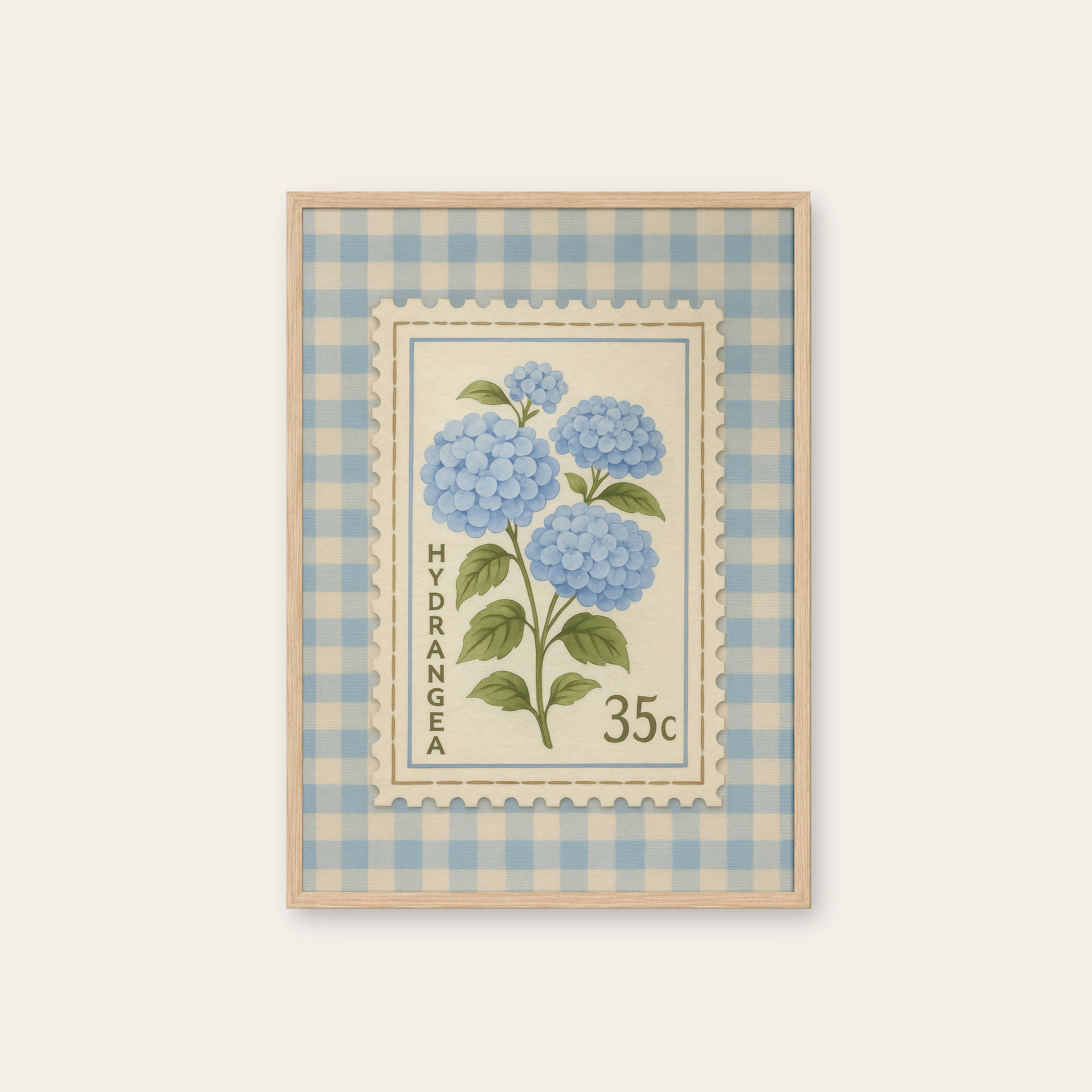 Hydrangea Stamp — Gingham Print – natural wood frame