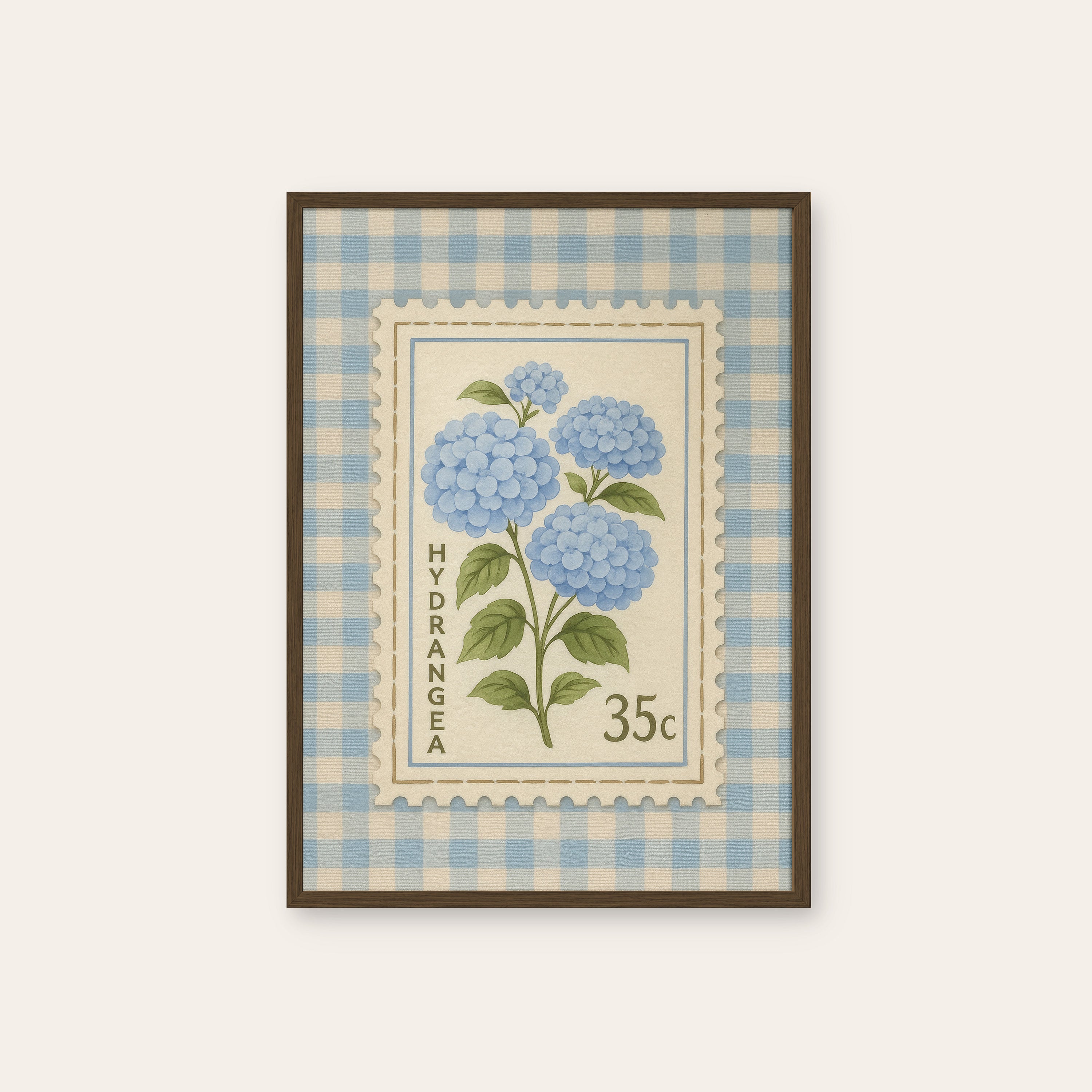 Hydrangea Stamp — Gingham Print – dark wood frame
