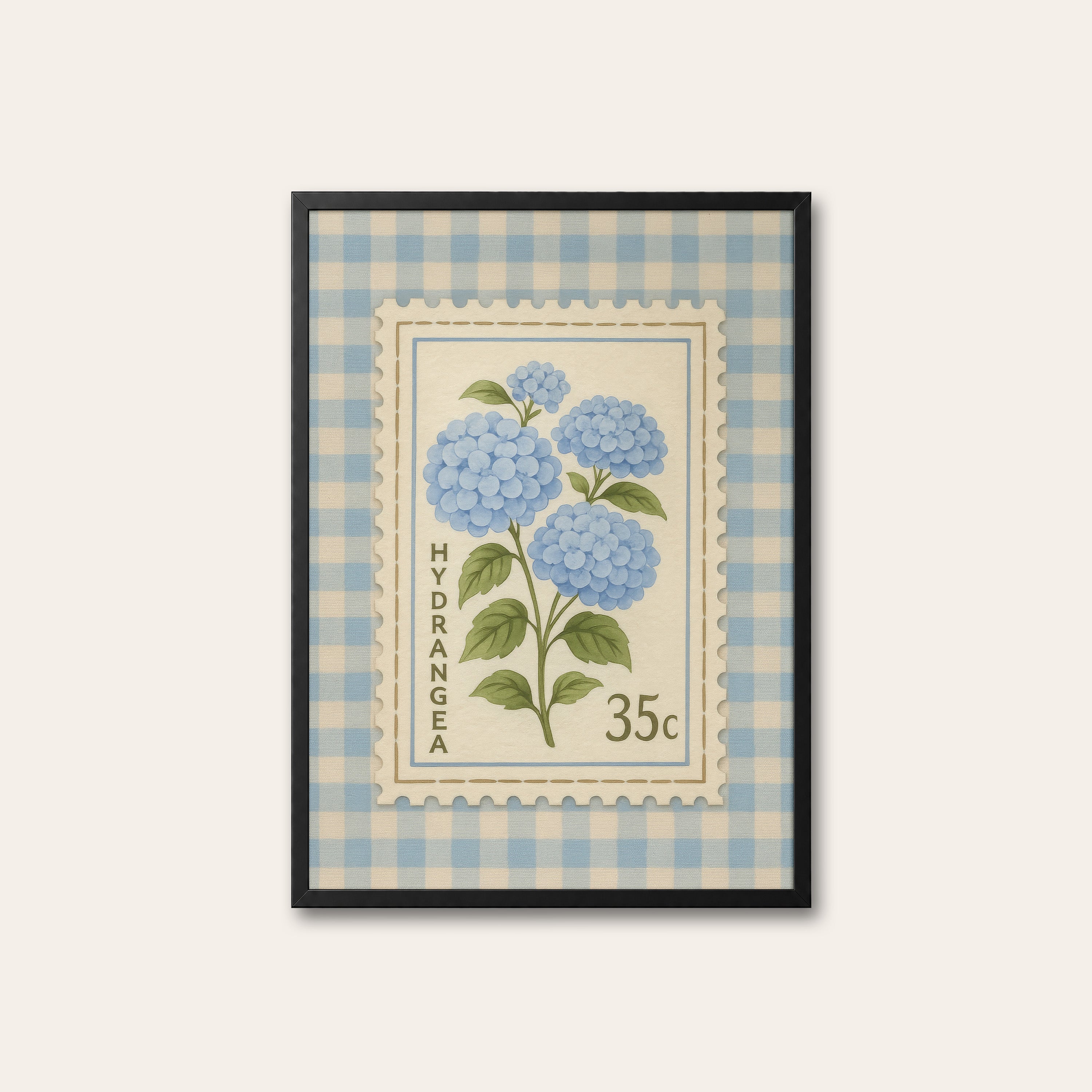 Hydrangea Stamp — Gingham Print – black frame