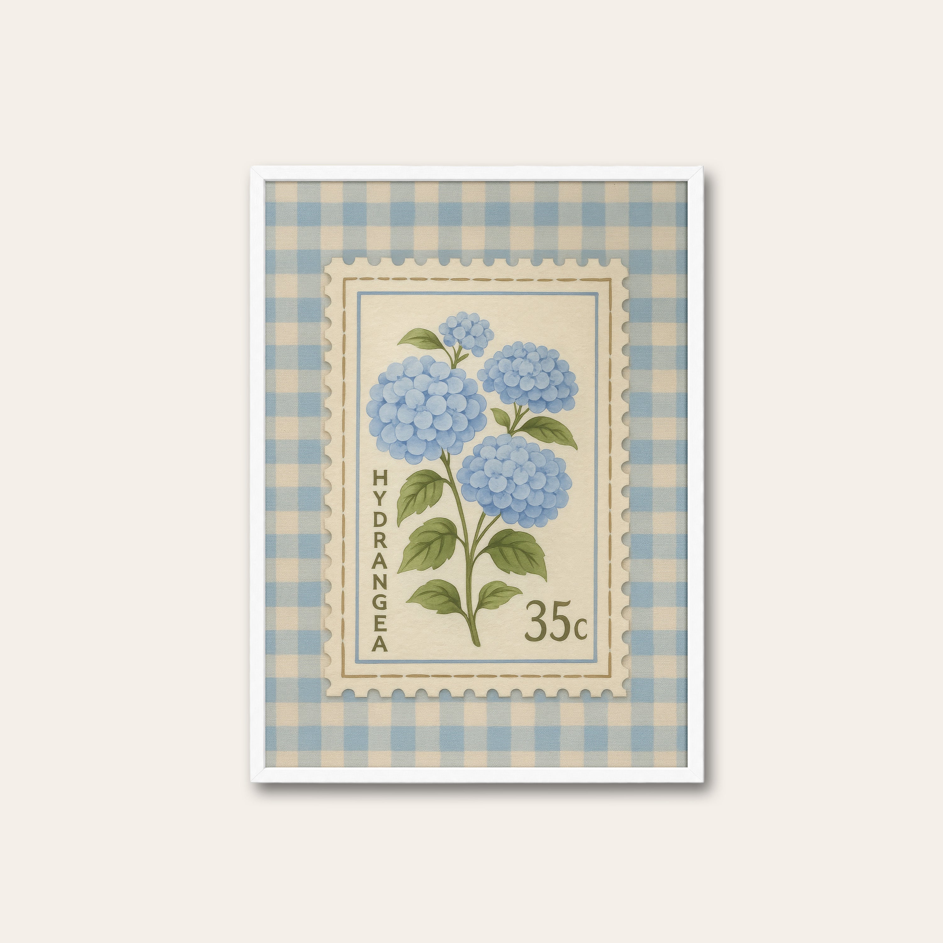 Hydrangea Stamp — Gingham Print – white frame