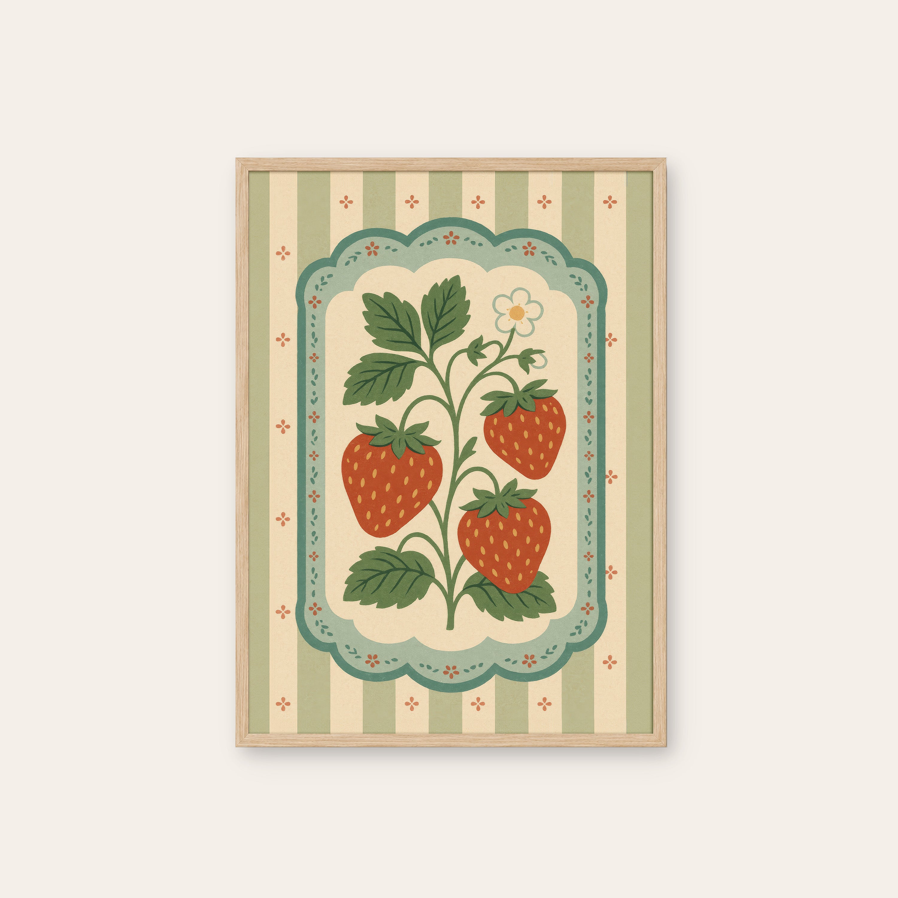 Strawberry Card — Scalloped Print – natural wood frame