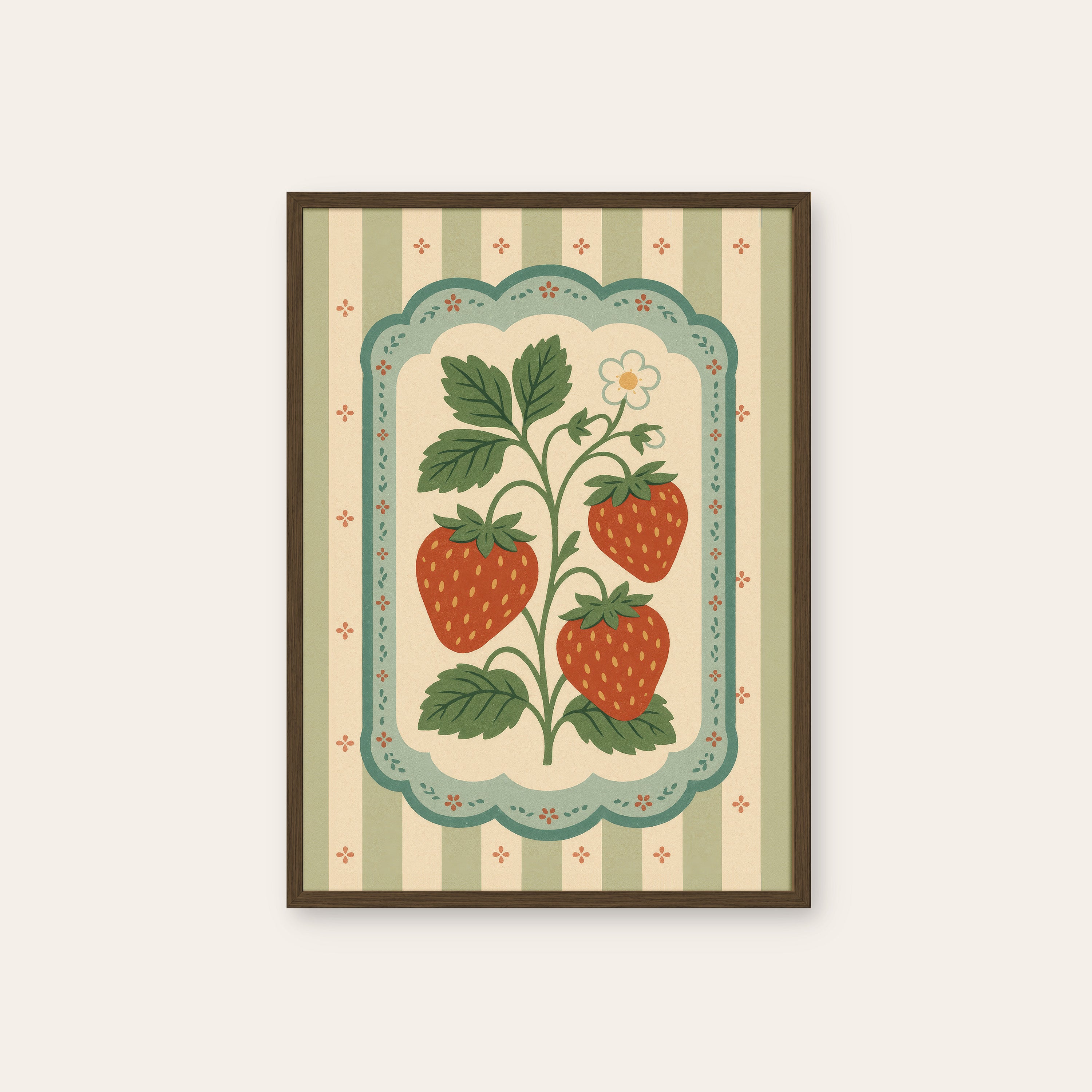 Strawberry Card — Scalloped Print – dark wood frame