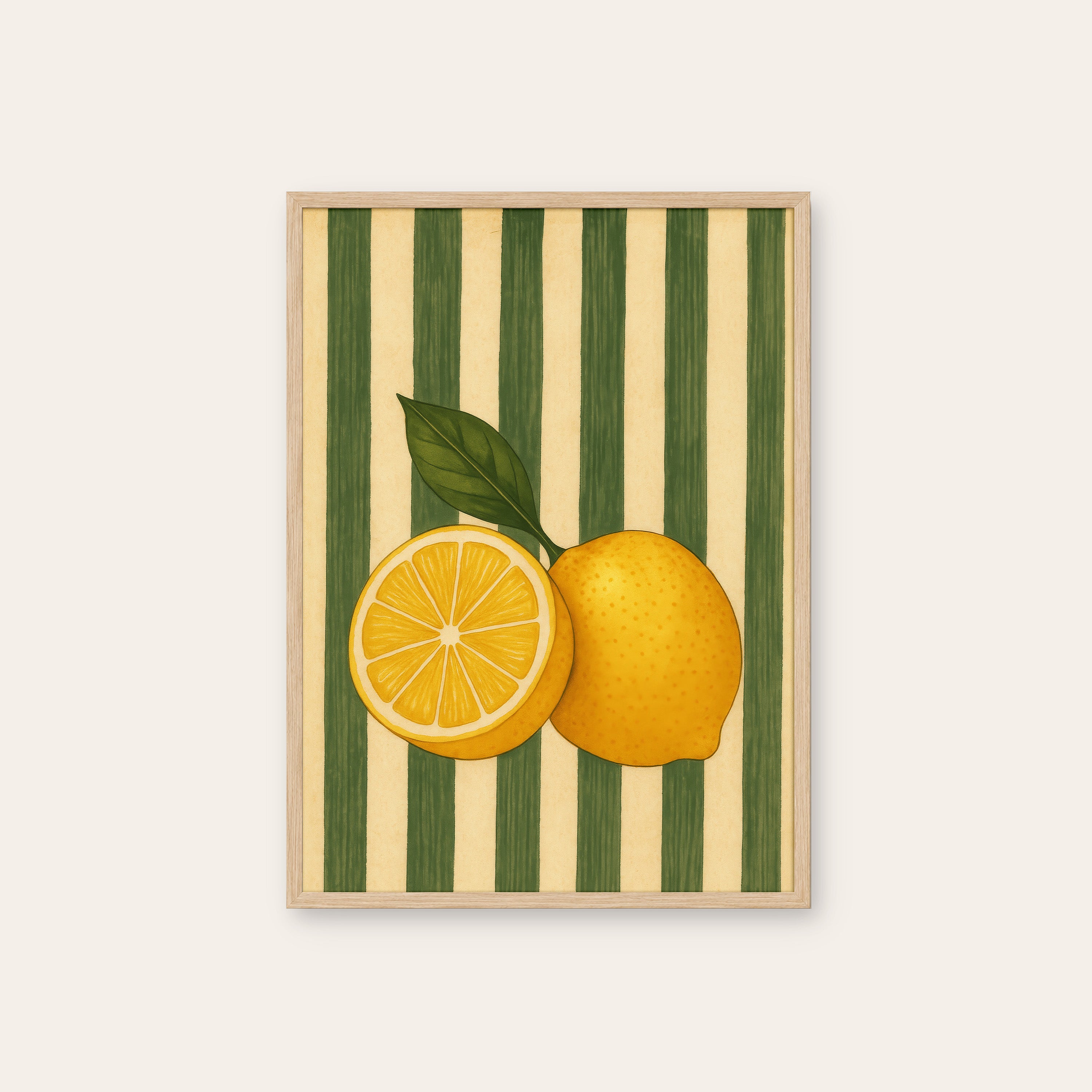 Cut Lemons — Green Stripe Print – natural wood frame