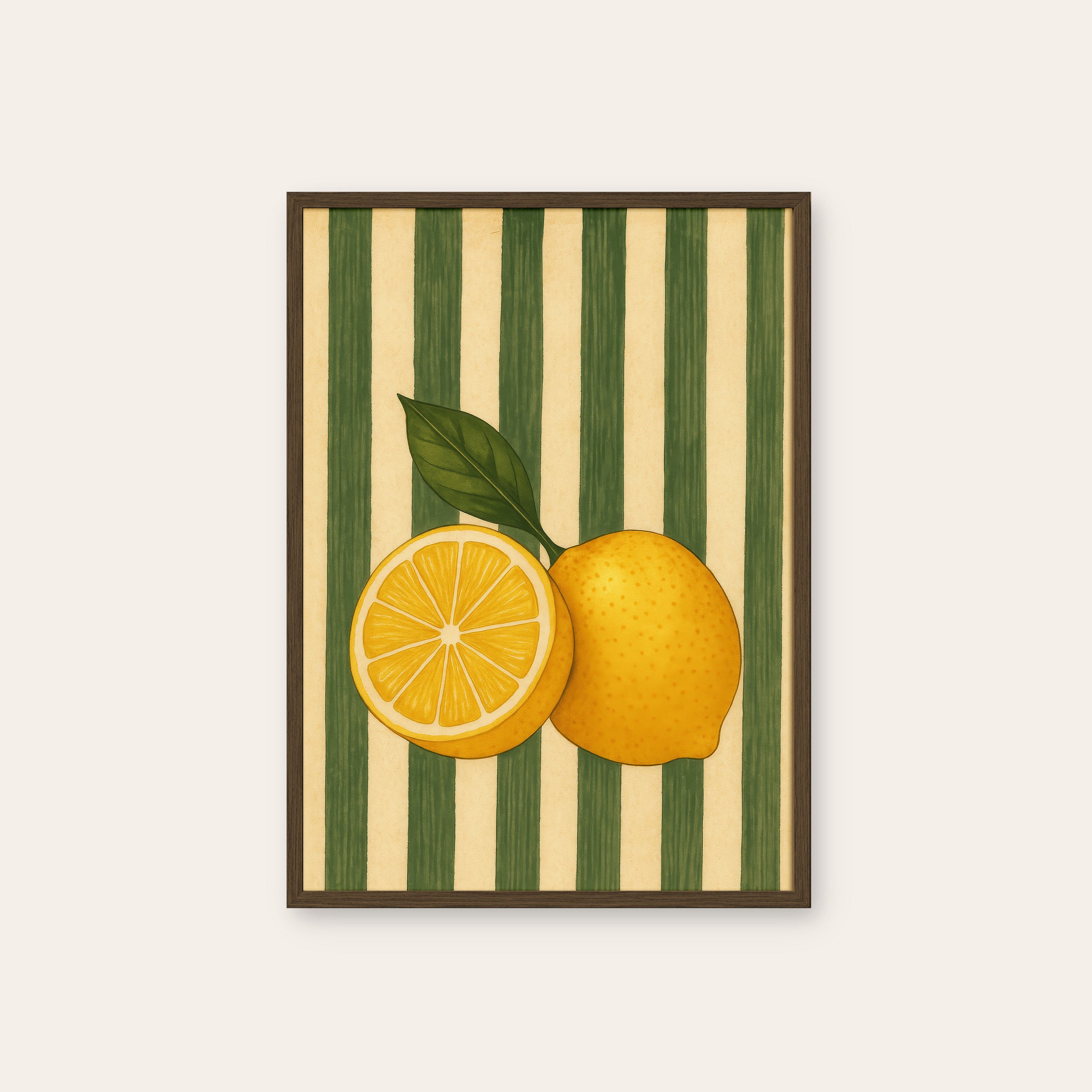 Cut Lemons — Green Stripe Print – dark wood frame