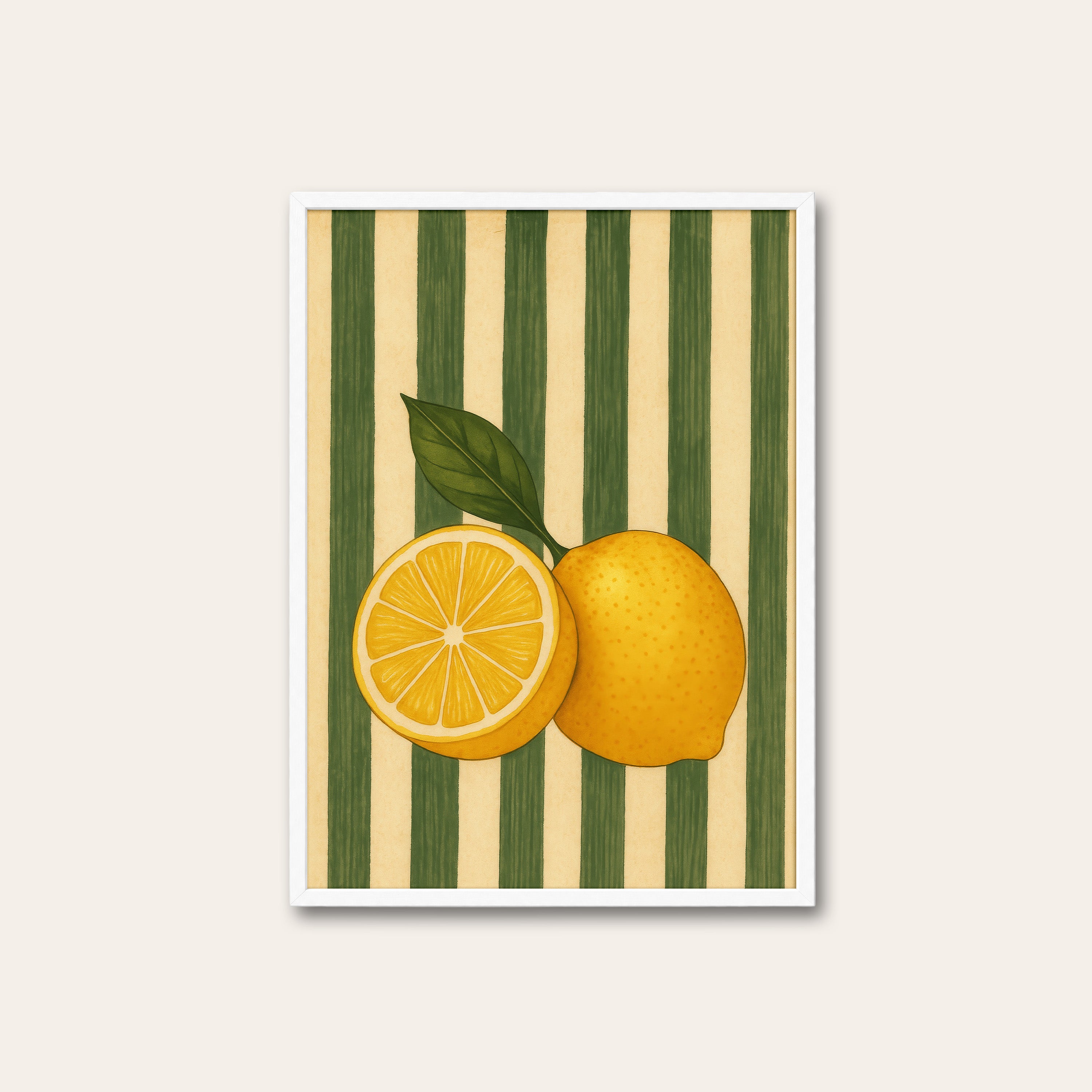 Cut Lemons — Green Stripe Print – white frame