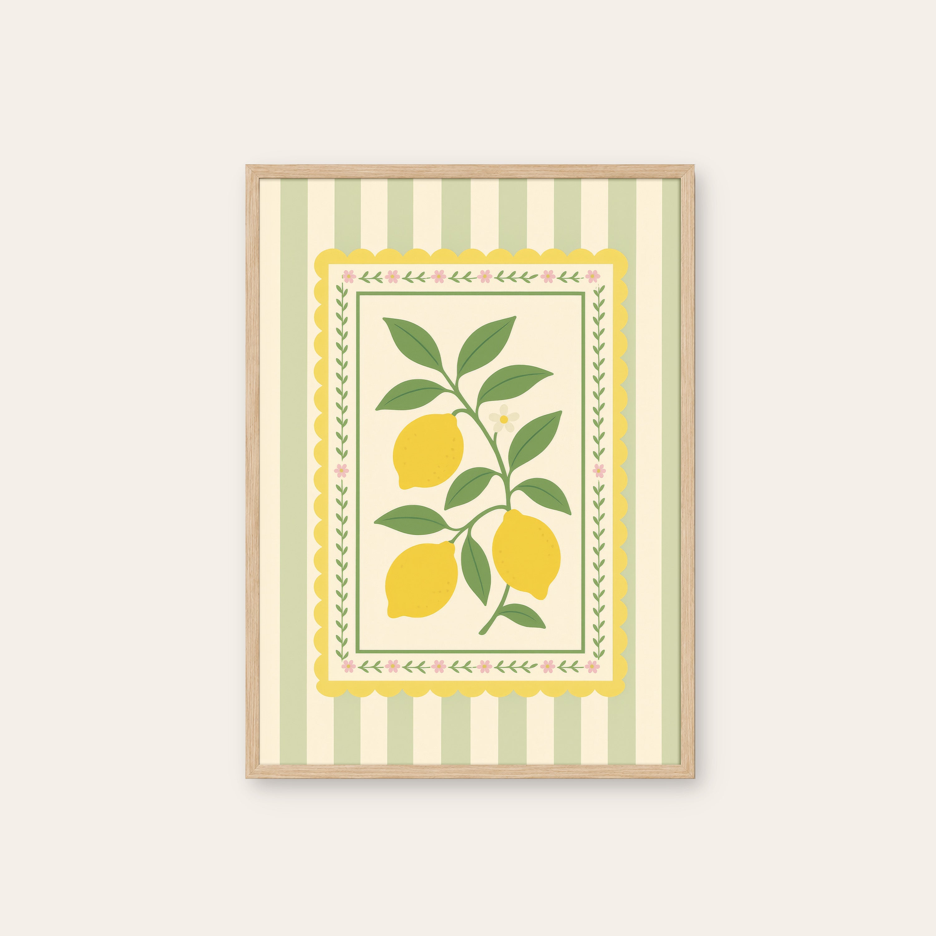 Lemon Card — Stripe Botanical Print – natural wood frame