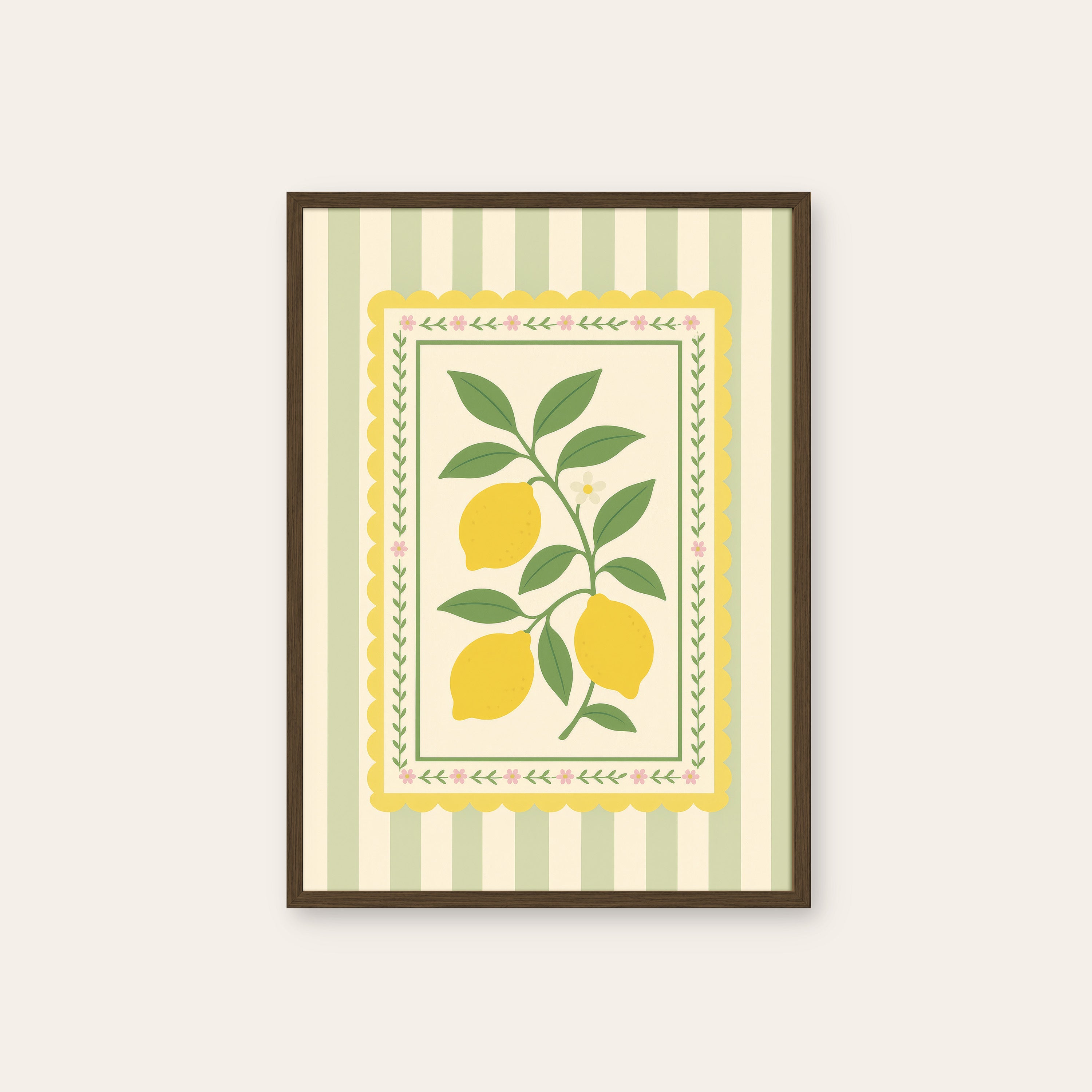 Lemon Card — Stripe Botanical Print – dark wood frame