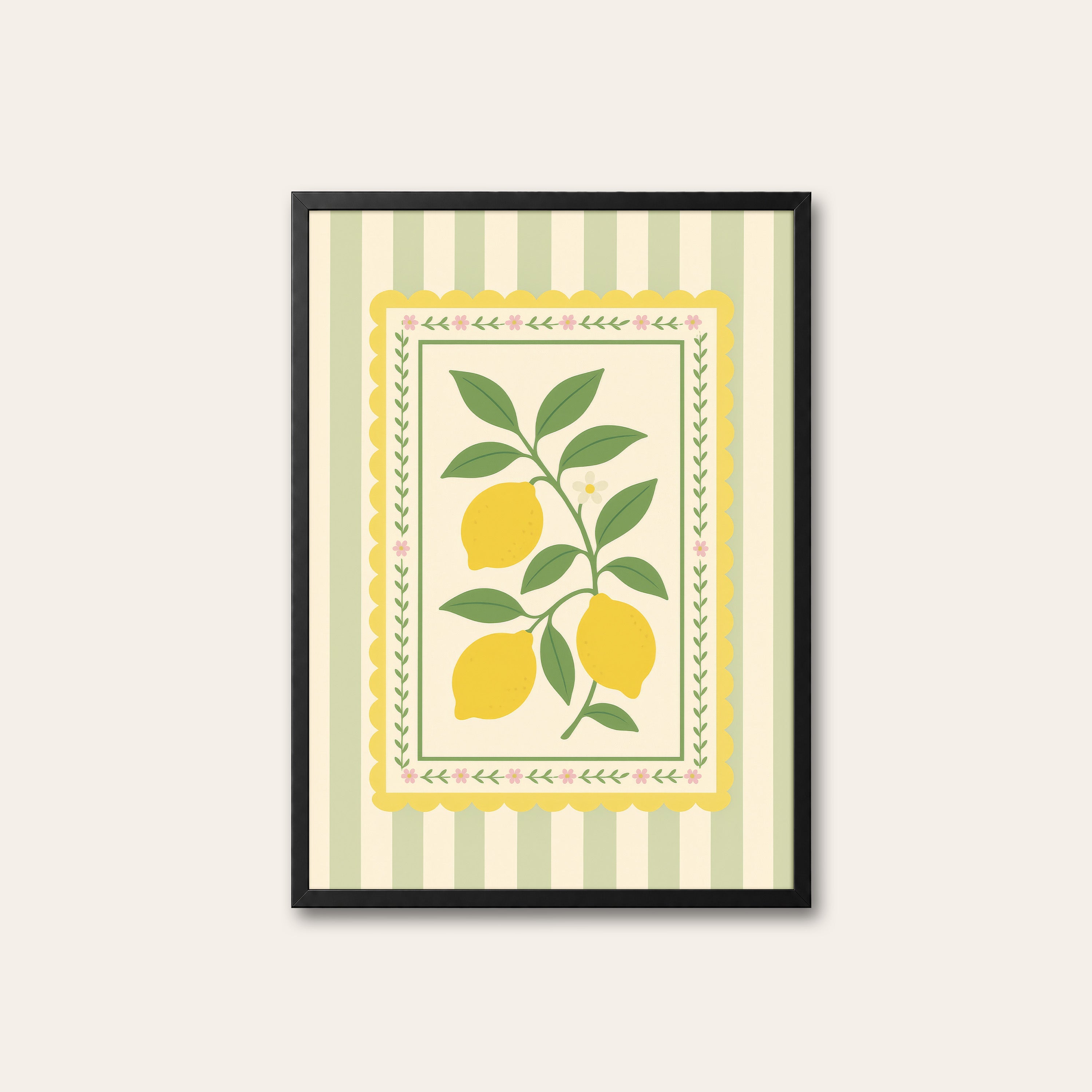 Lemon Card — Stripe Botanical Print – black frame