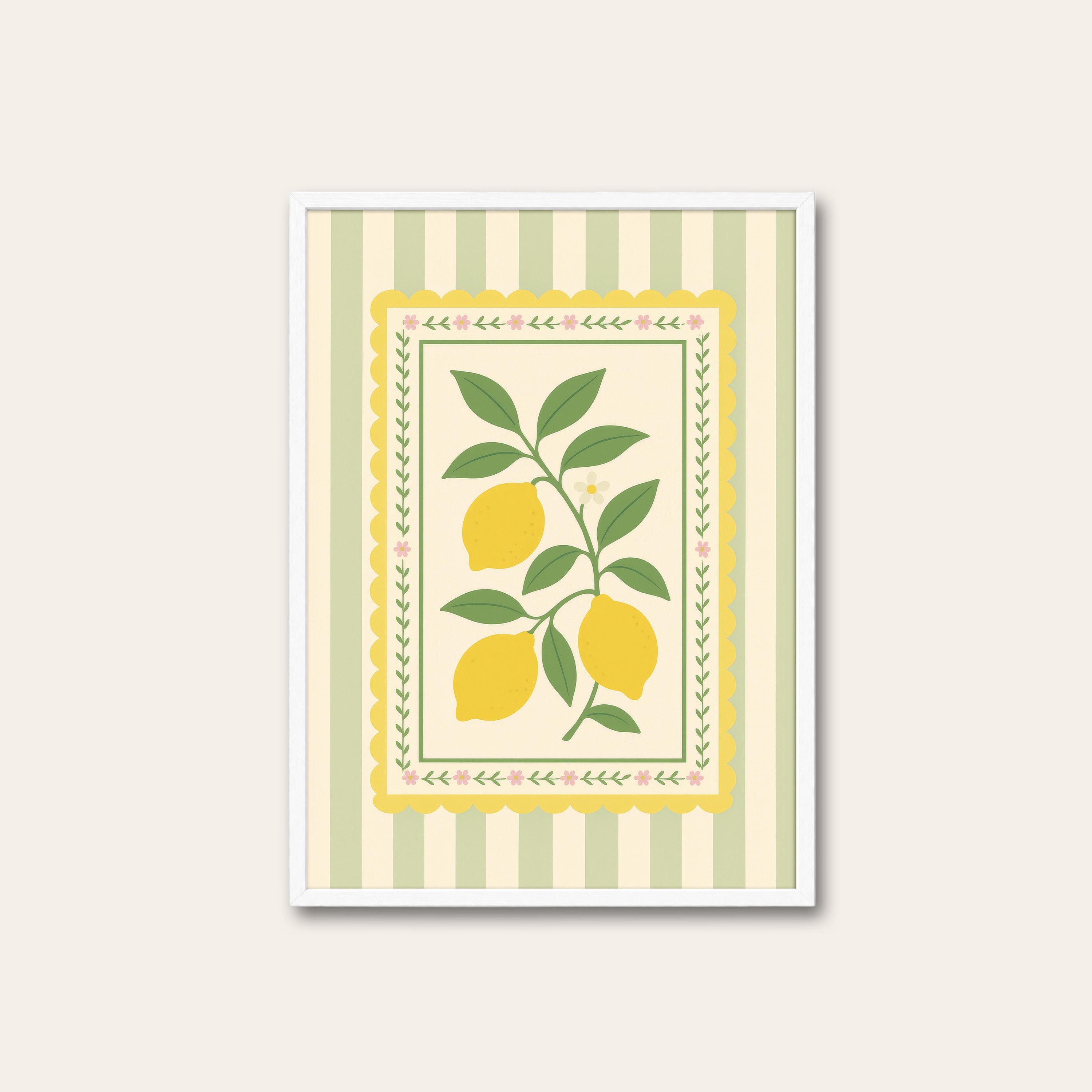 Lemon Card — Stripe Botanical Print – white frame