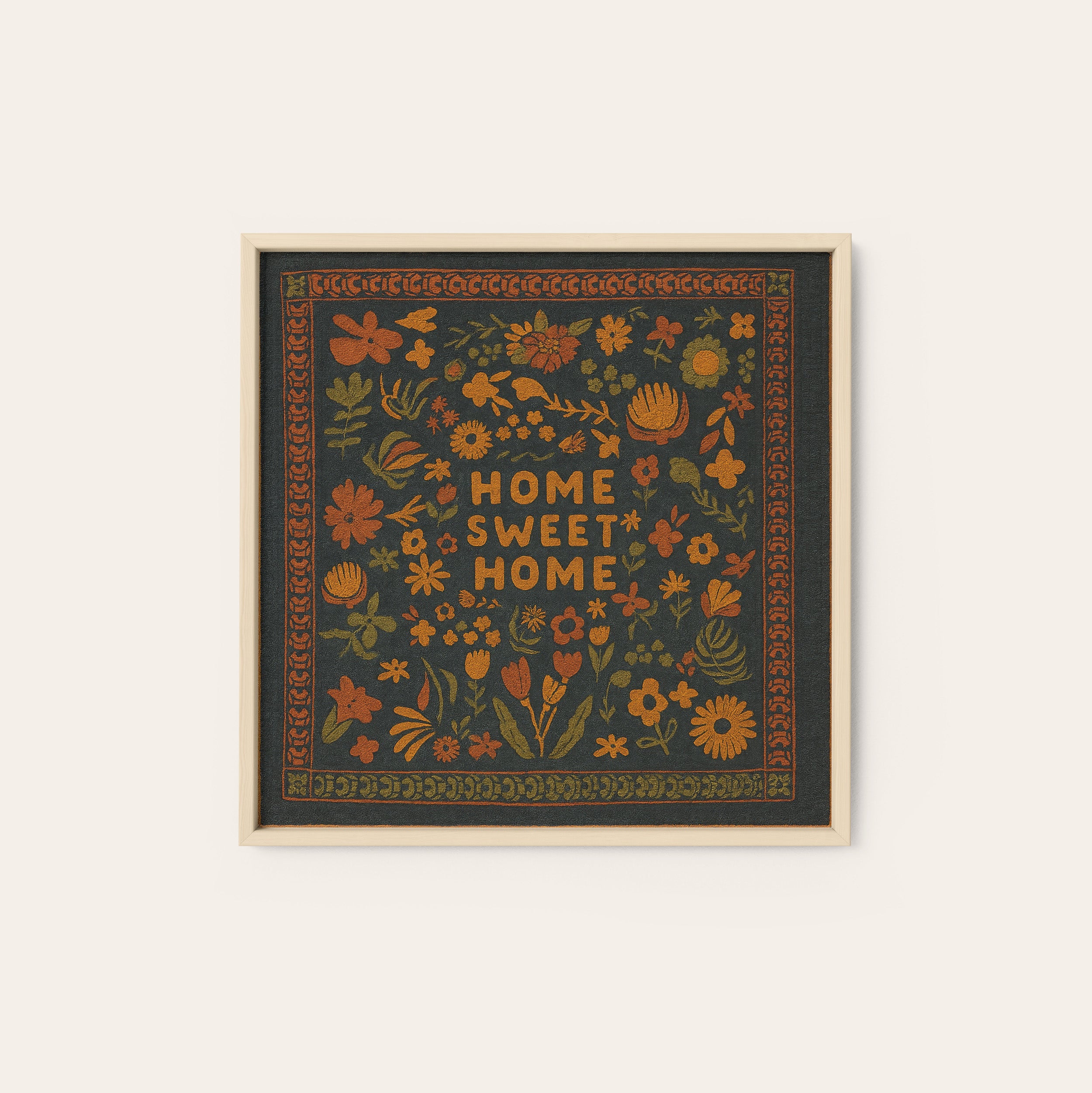 Home Sweet Home — Rust Sampler Print – natural wood frame