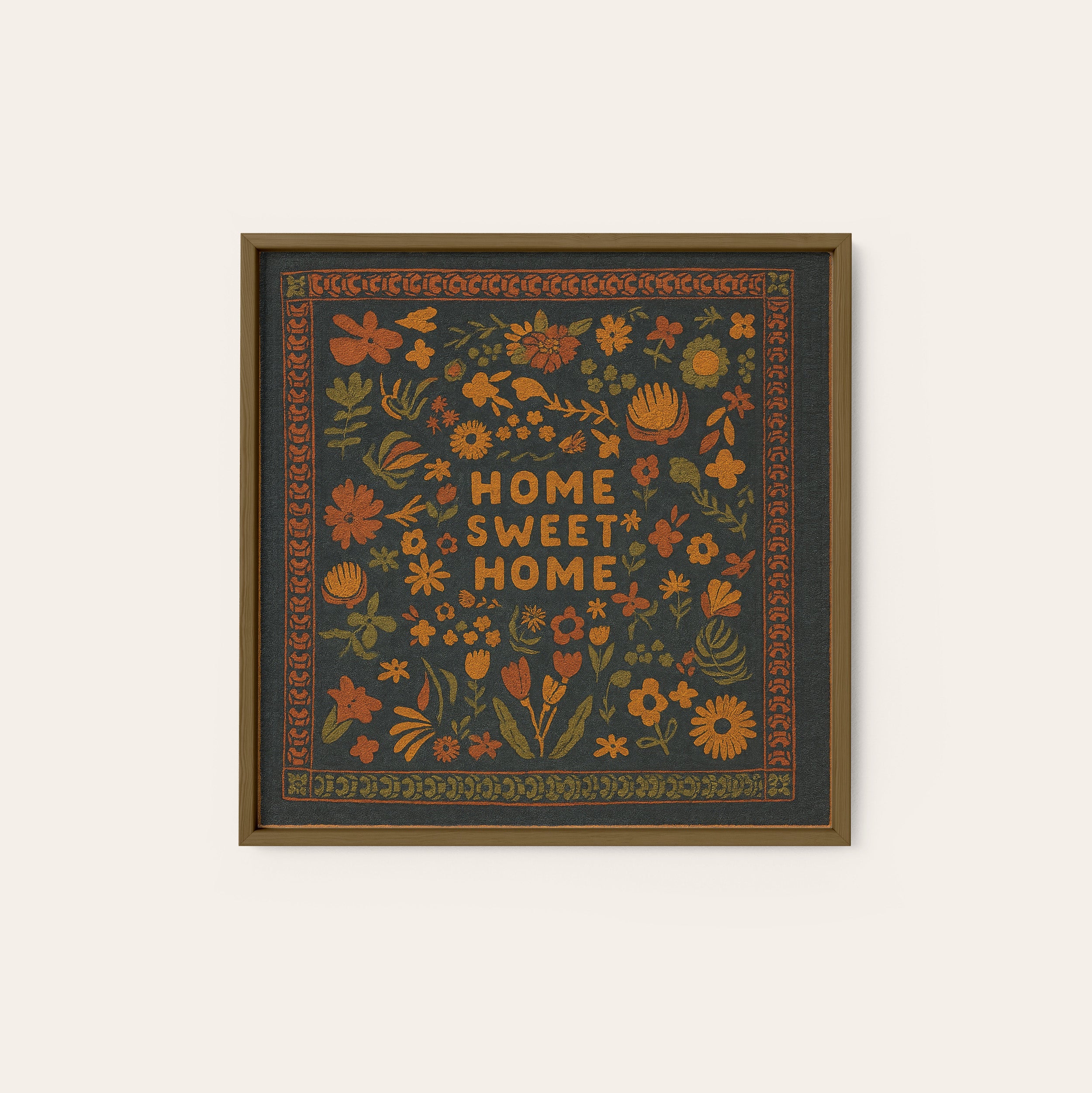 Home Sweet Home — Rust Sampler Print – dark wood frame