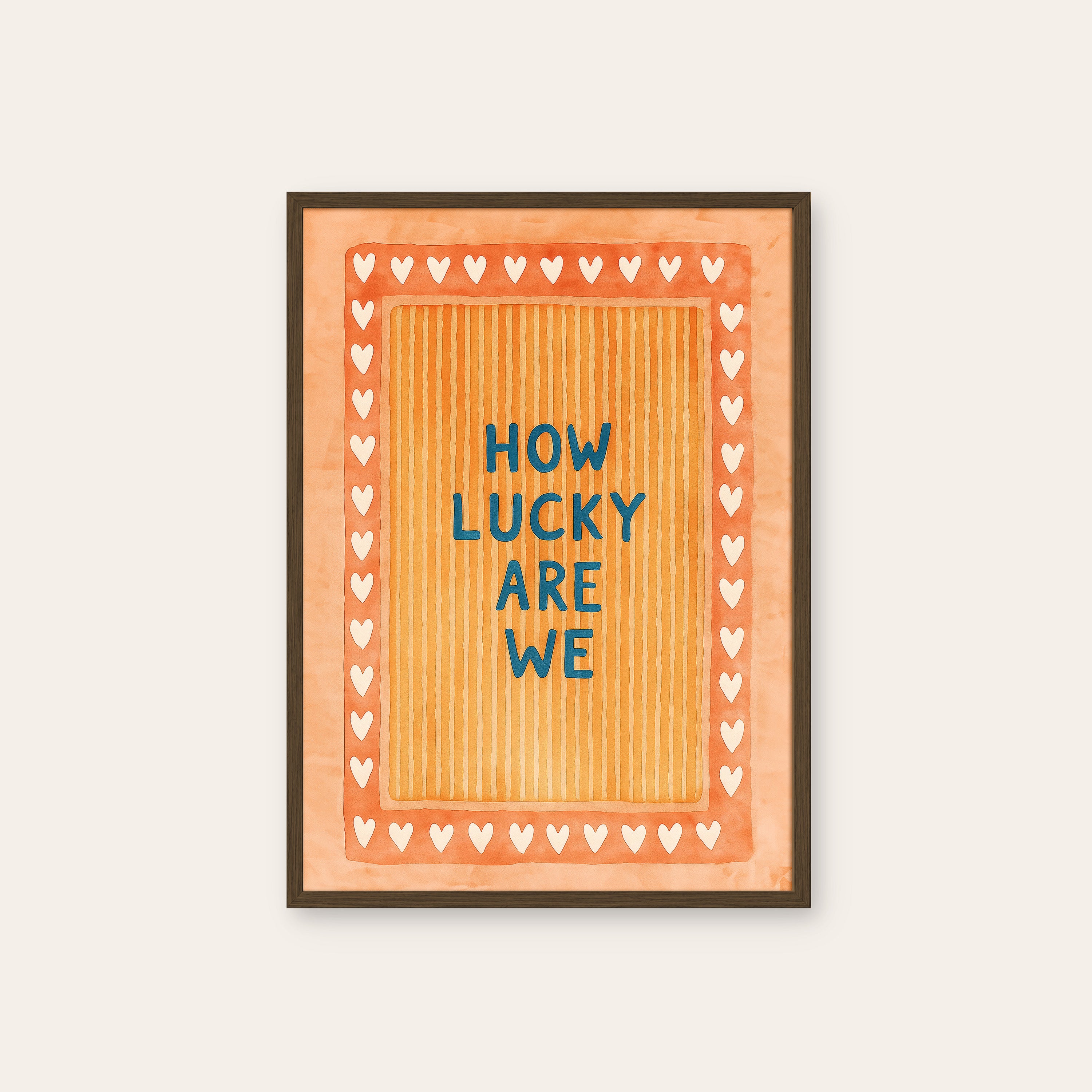 How Lucky Are We — Coral Heart Print – dark wood frame