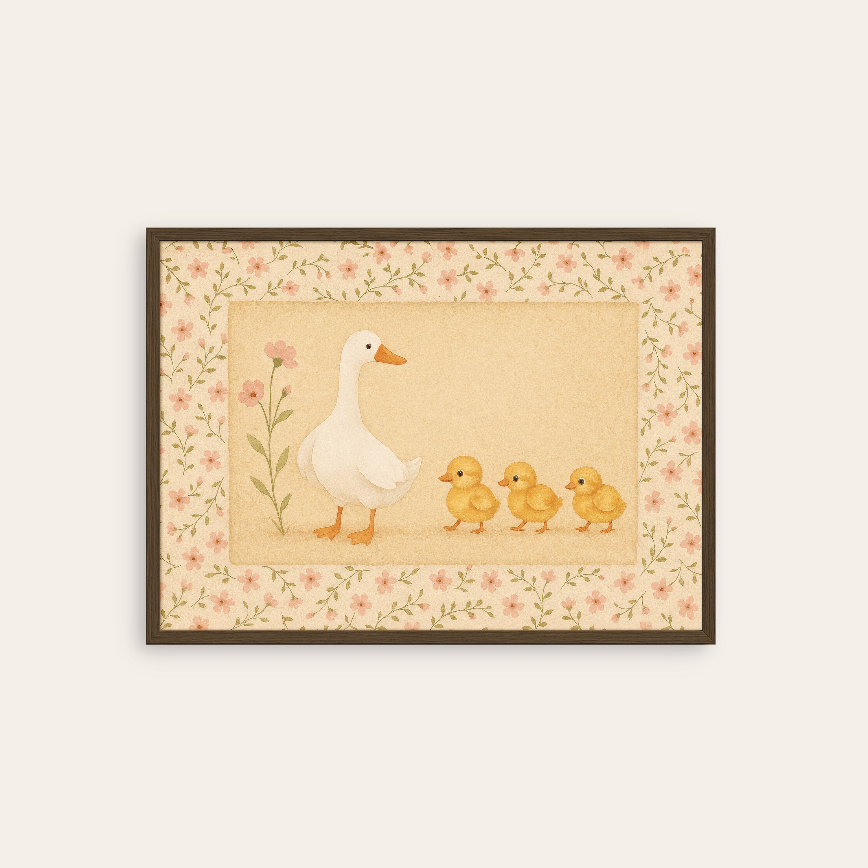 Goose Parade — Nursery Art Print – dark wood frame