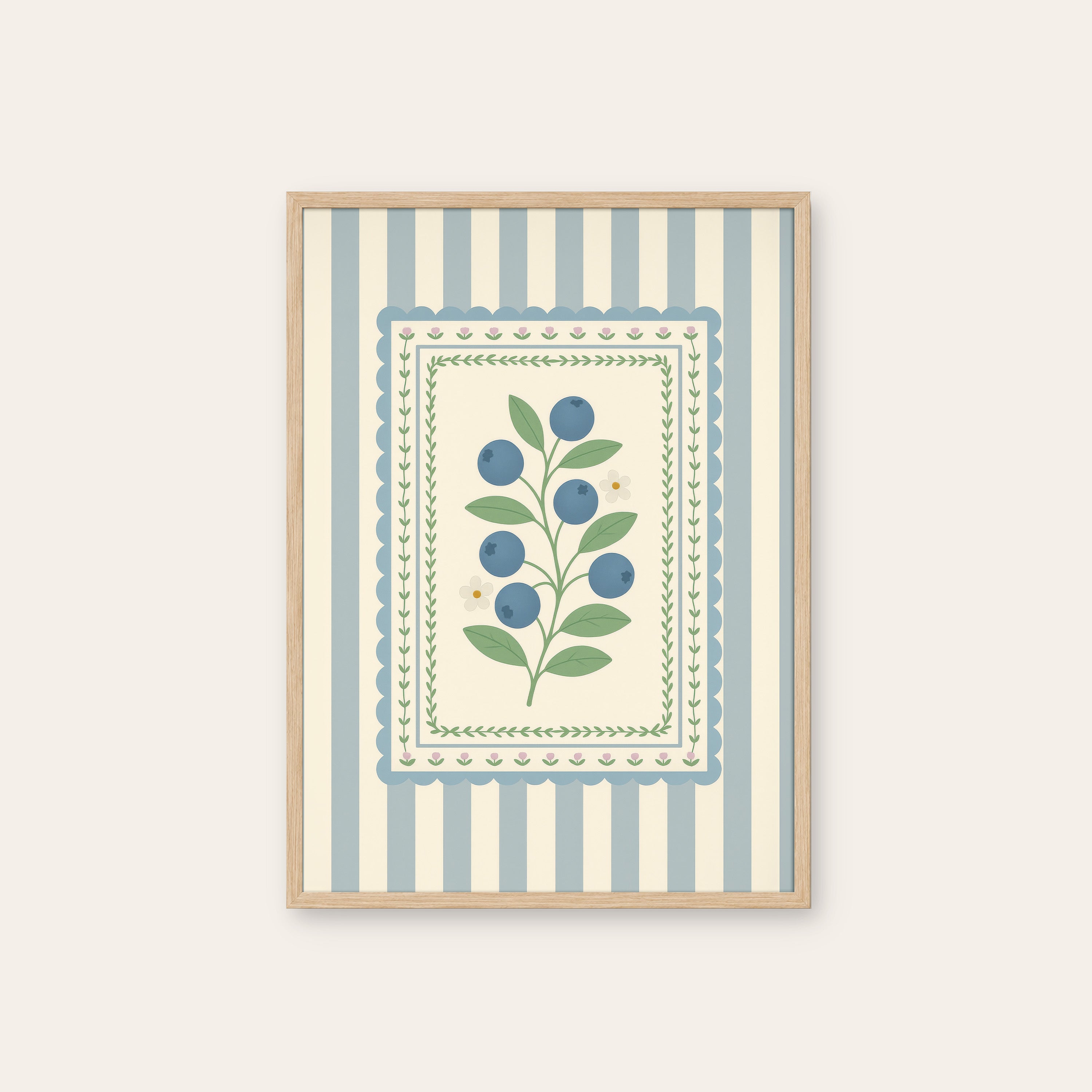 Blueberry Sprig — Card Print – natural wood frame