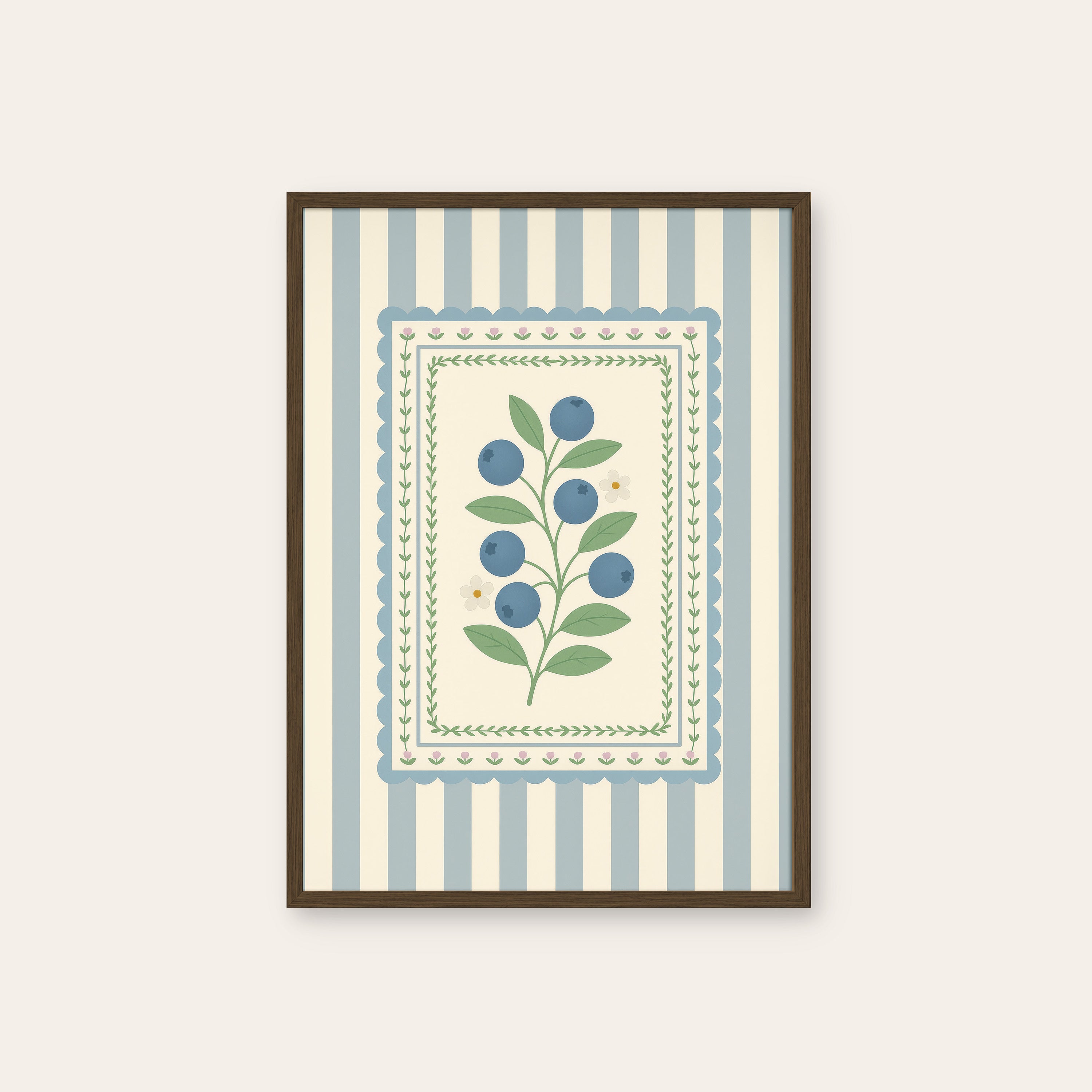 Blueberry Sprig — Card Print – dark wood frame