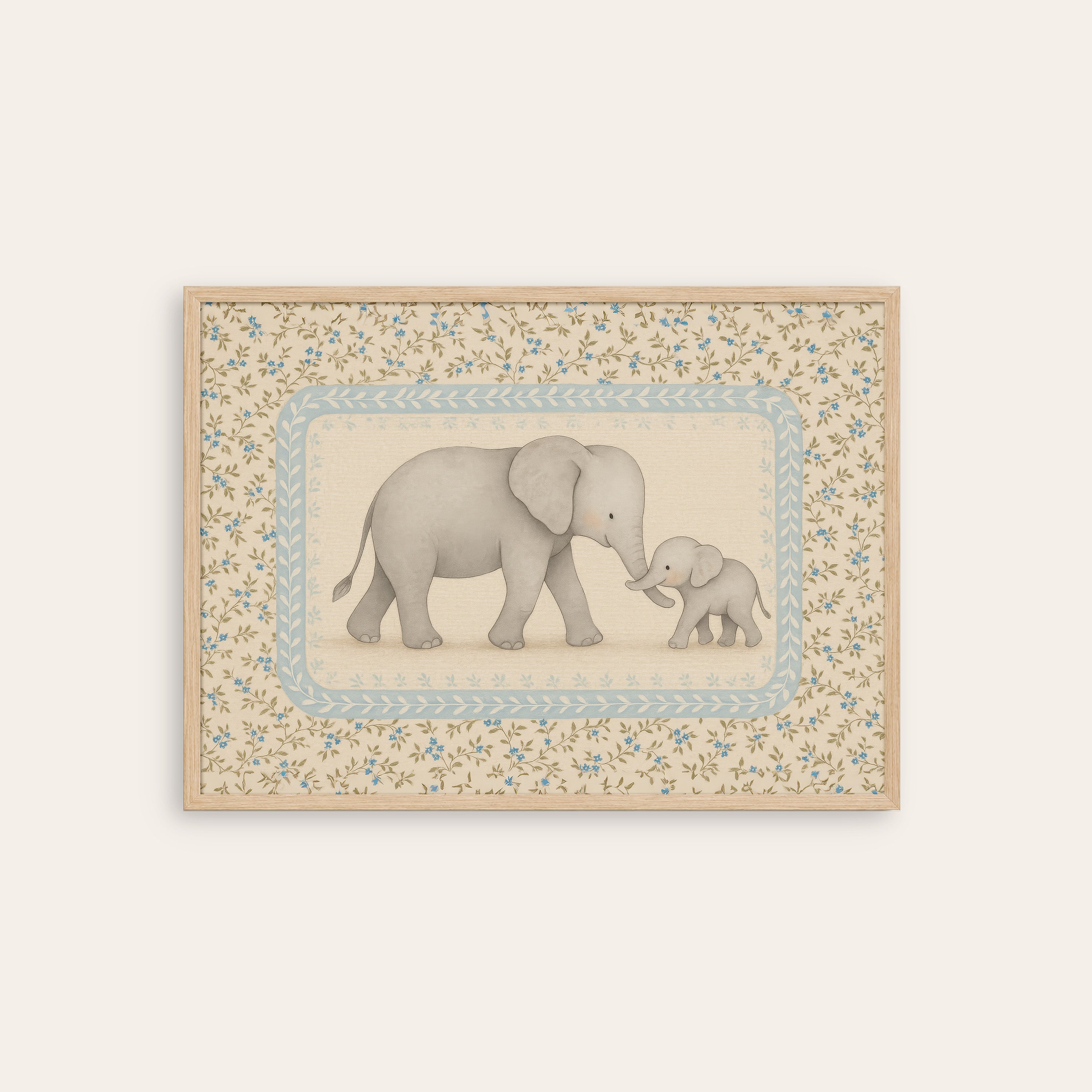 Elephant & Calf — Nursery Art Print – natural wood frame