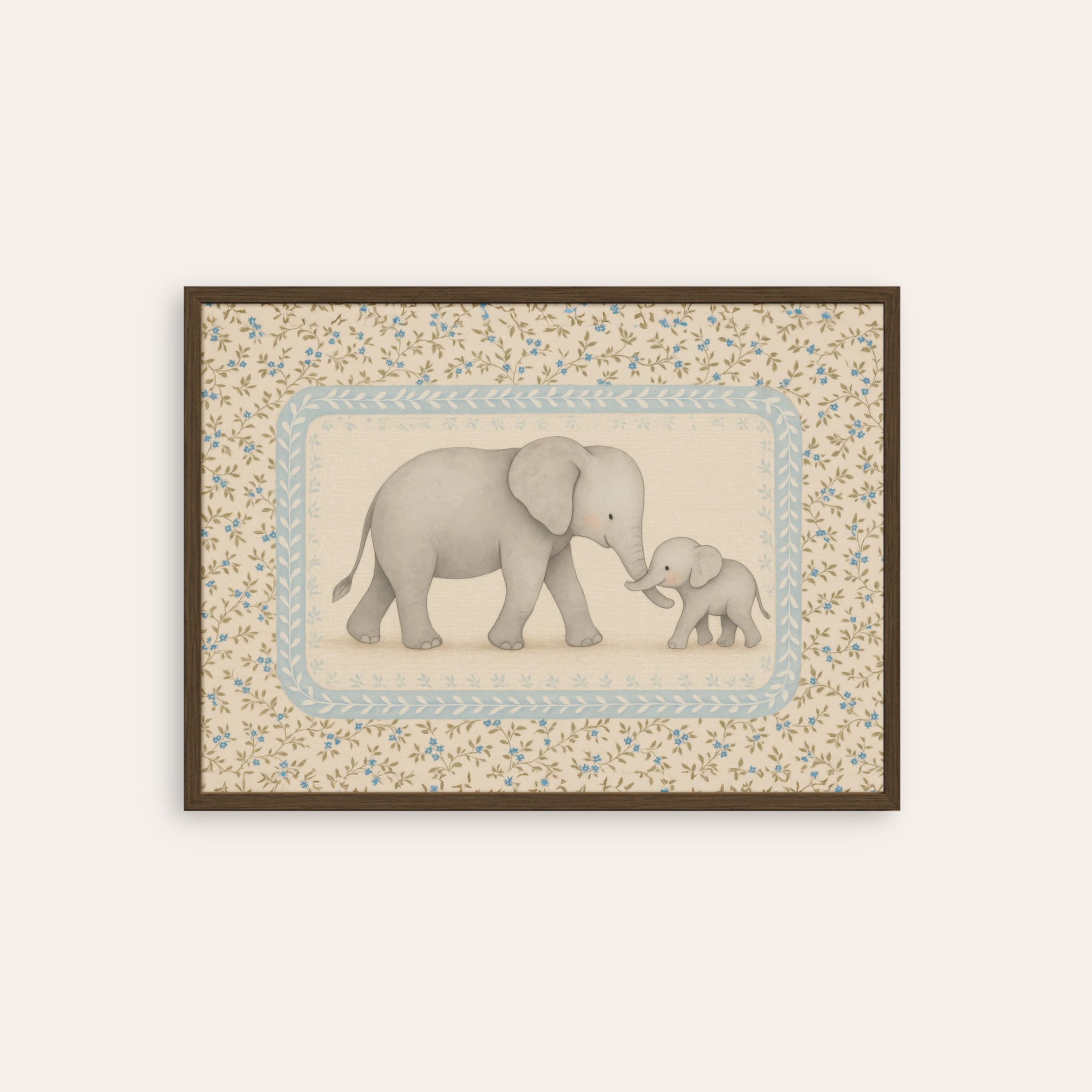 Elephant & Calf — Nursery Art Print – dark wood frame