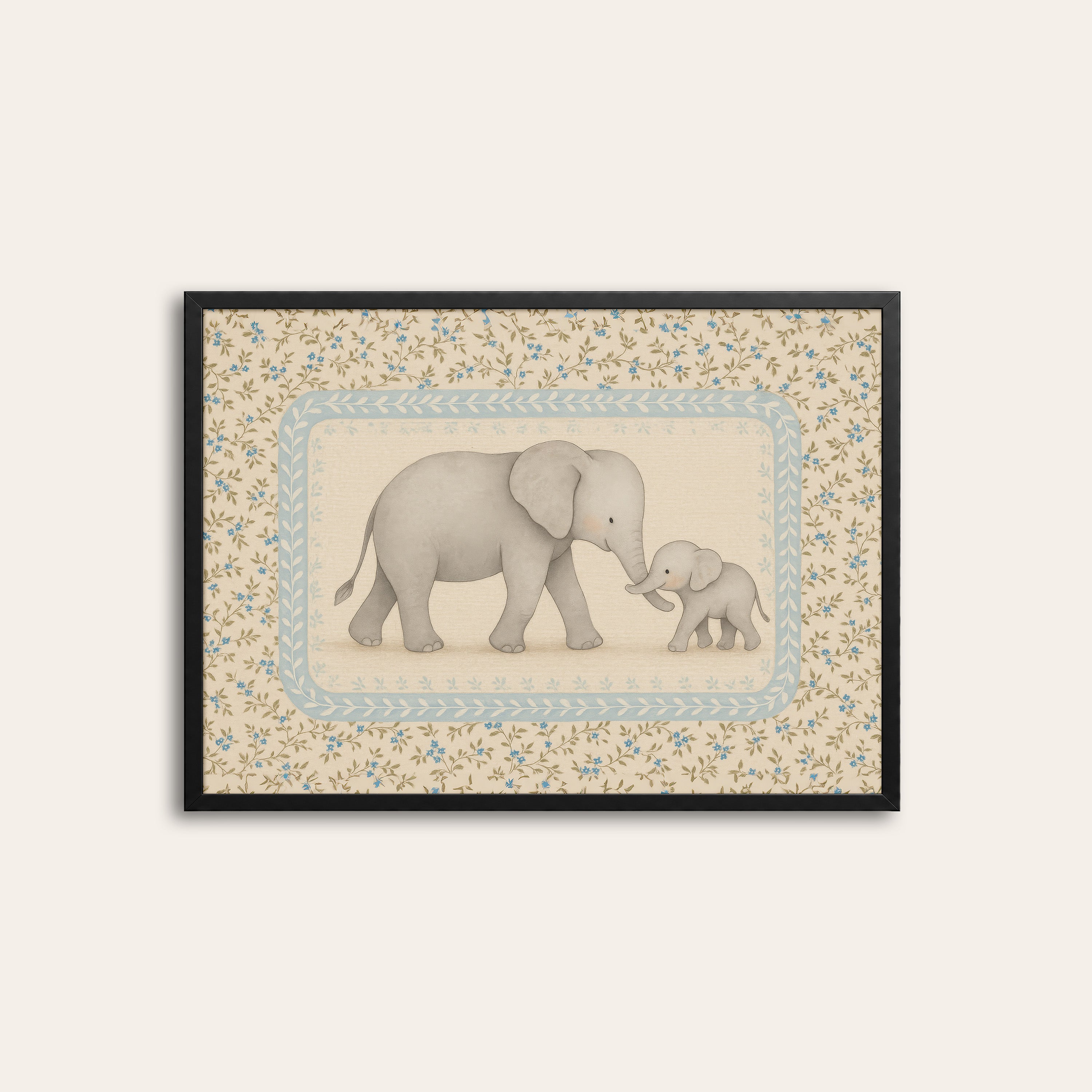 Elephant & Calf — Nursery Art Print – black frame