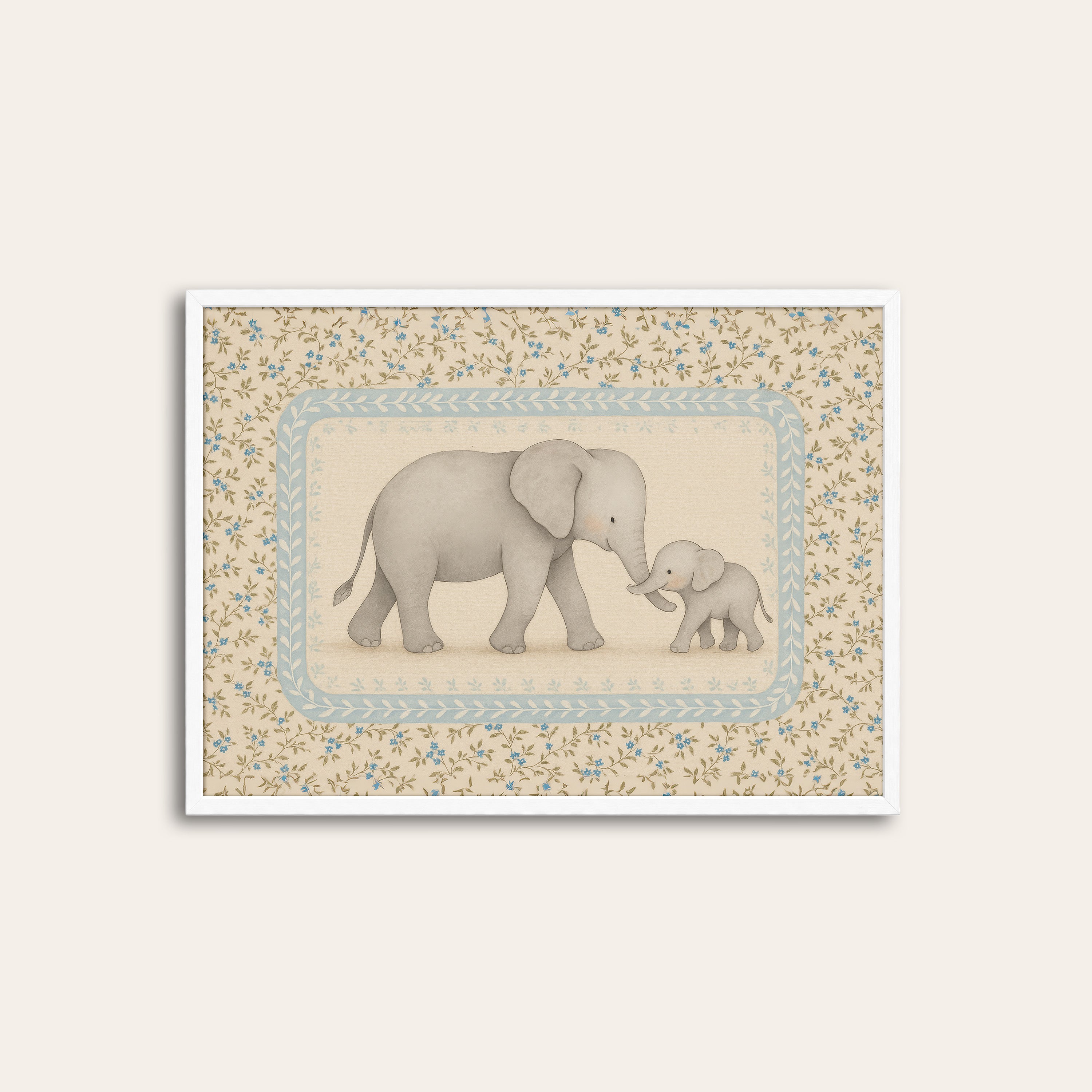Elephant & Calf — Nursery Art Print – white frame