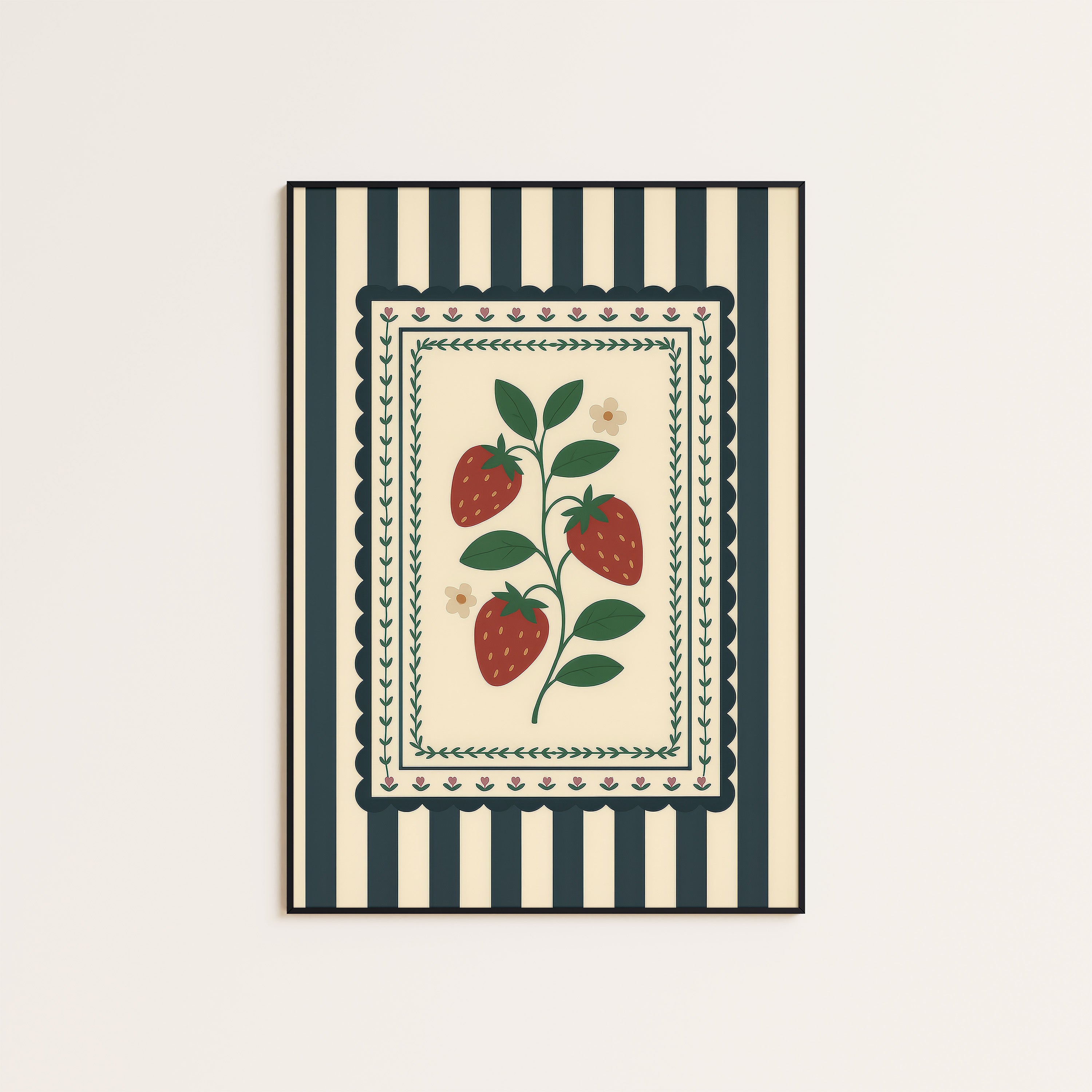 Strawberry Patch — Navy Stripe Print – unframed poster