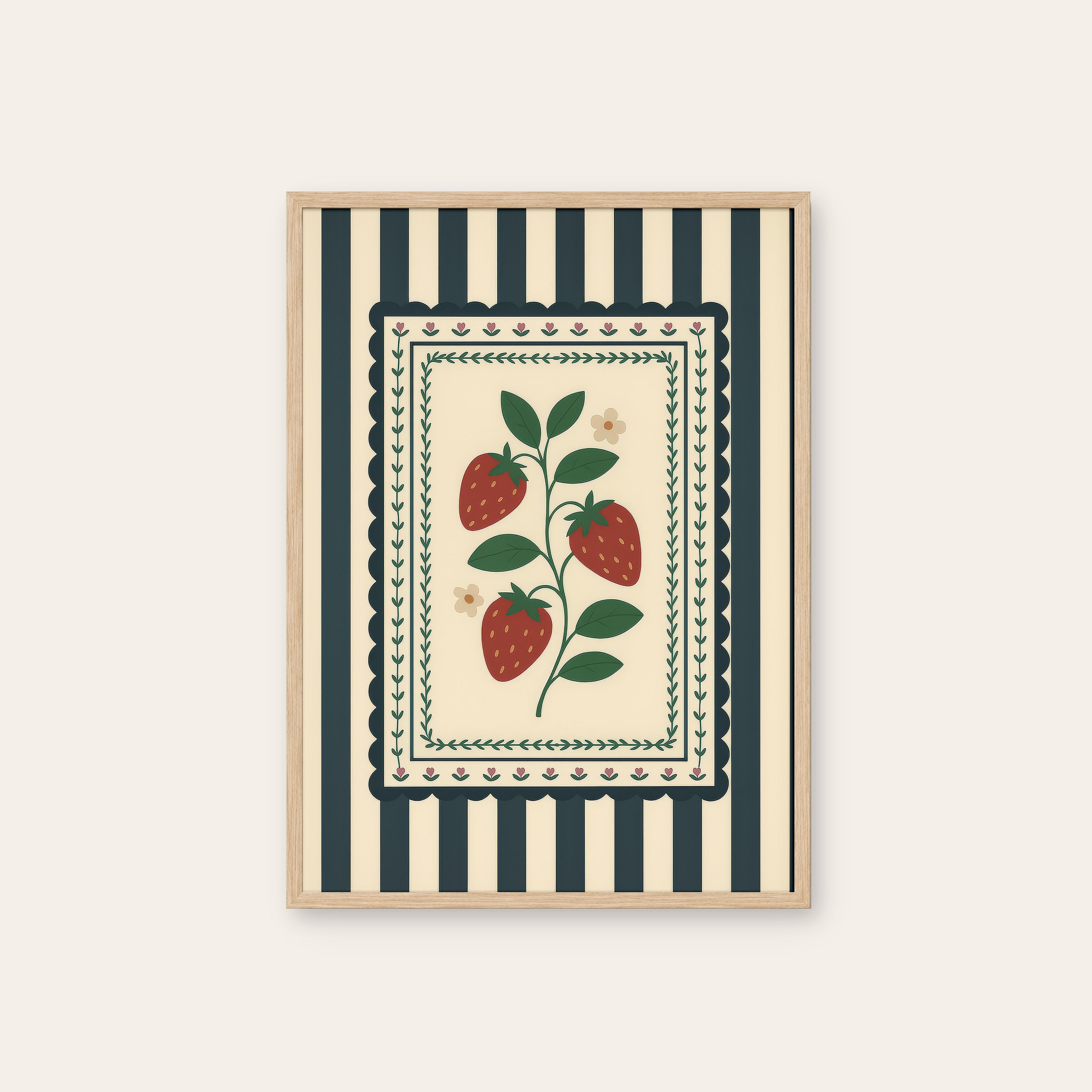 Strawberry Patch — Navy Stripe Print – natural wood frame