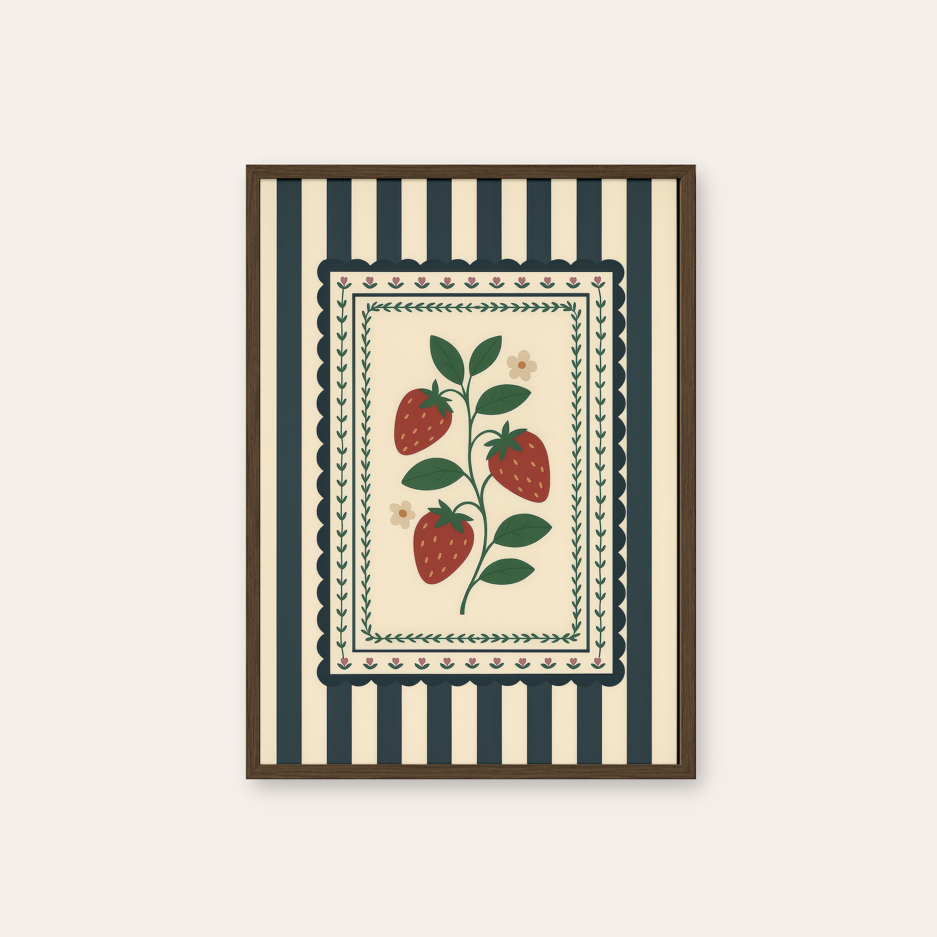 Strawberry Patch — Navy Stripe Print – dark wood frame