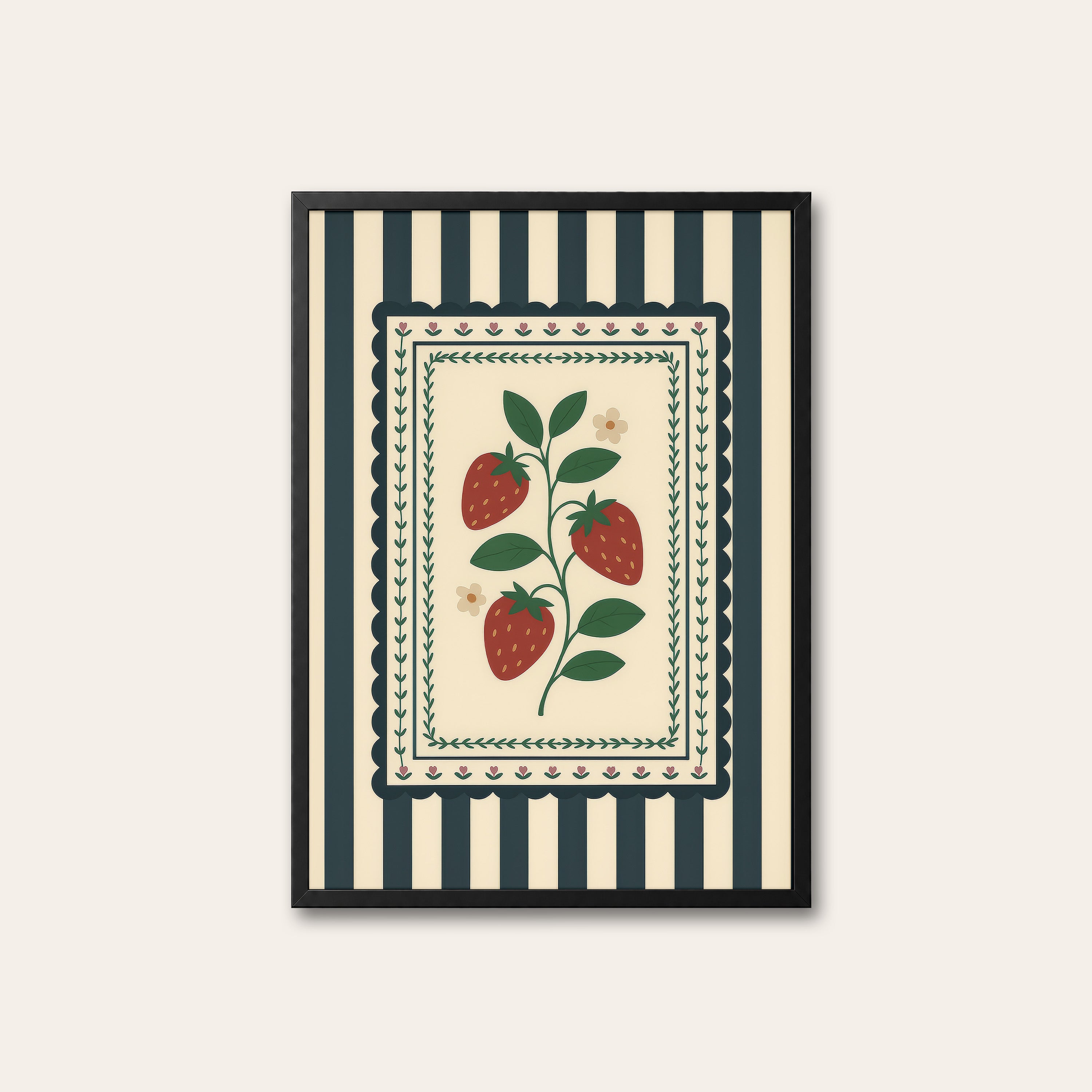 Strawberry Patch — Navy Stripe Print – black frame
