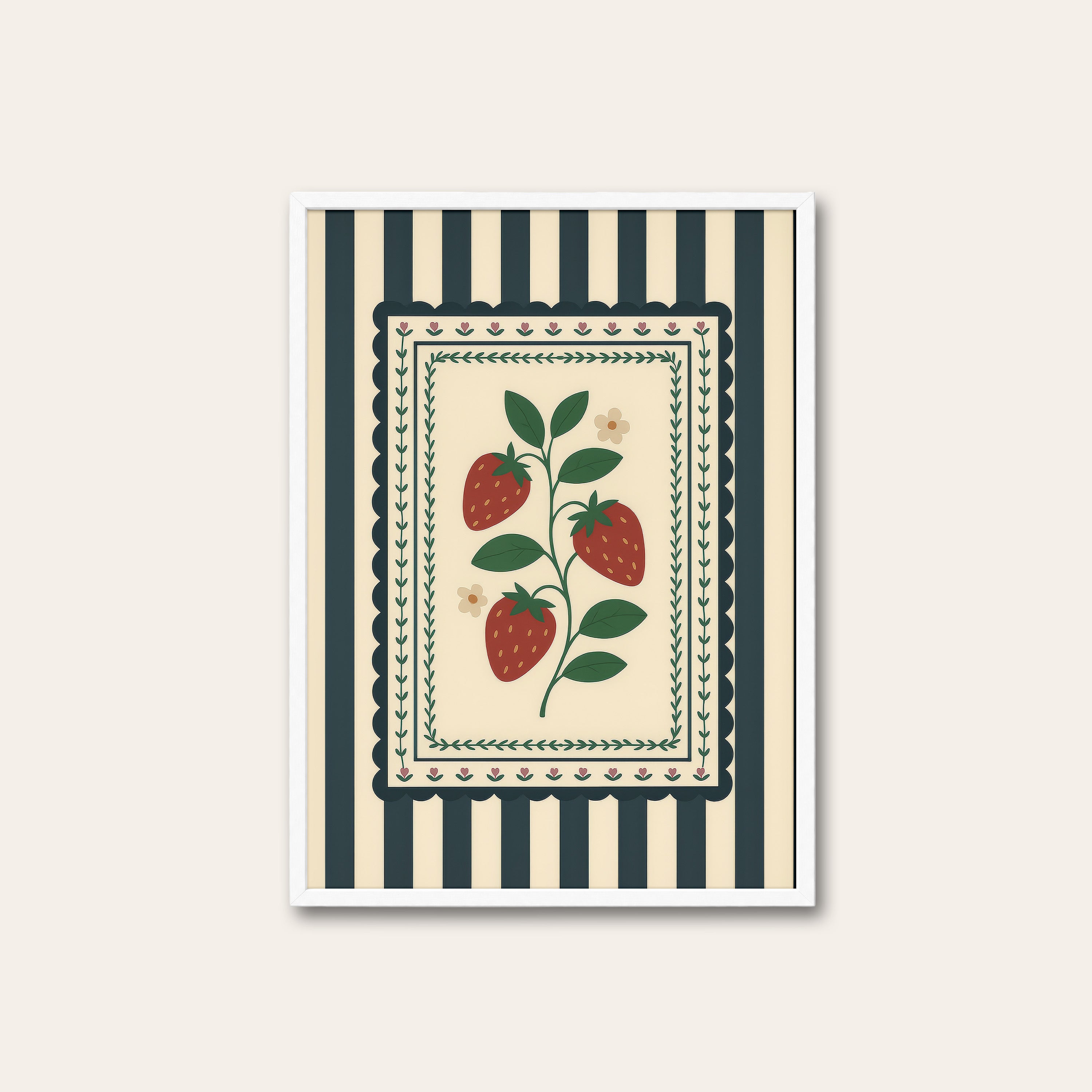Strawberry Patch — Navy Stripe Print – white frame