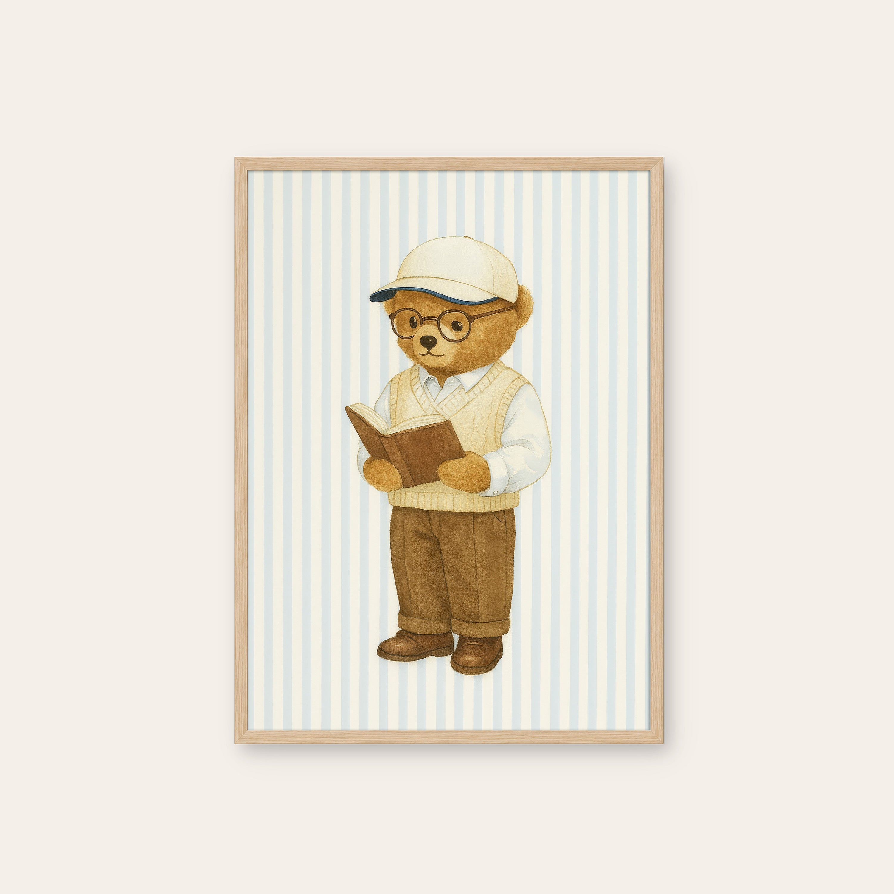 Professor Bear — Reading Print – natural wood frame