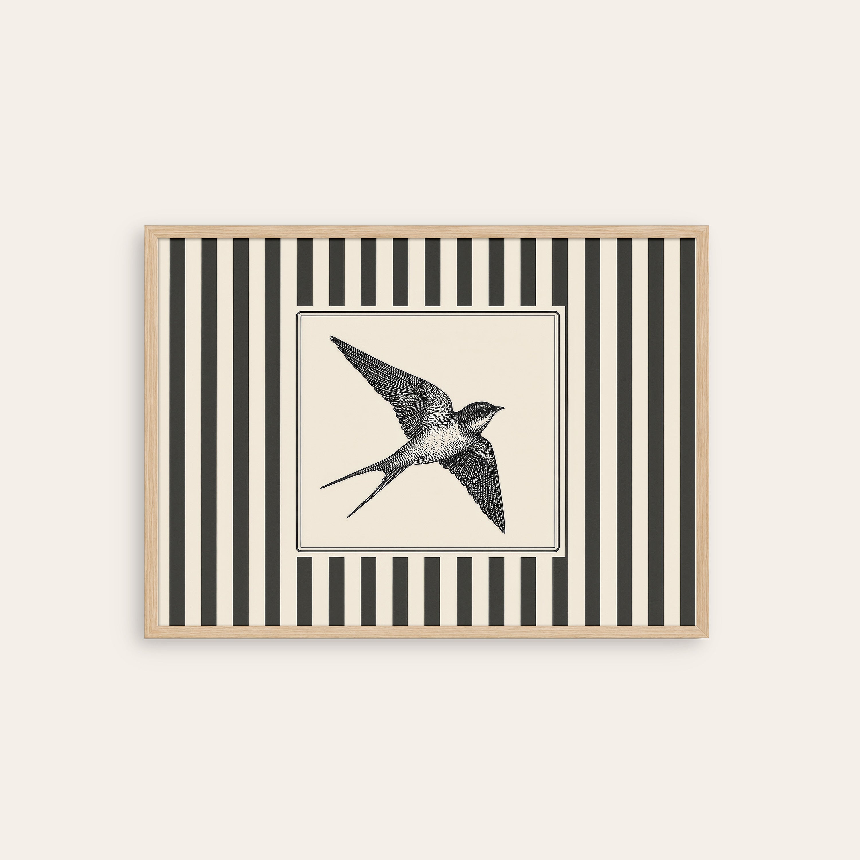 Ticking Stripe Swallow — Engraving Print – natural wood frame