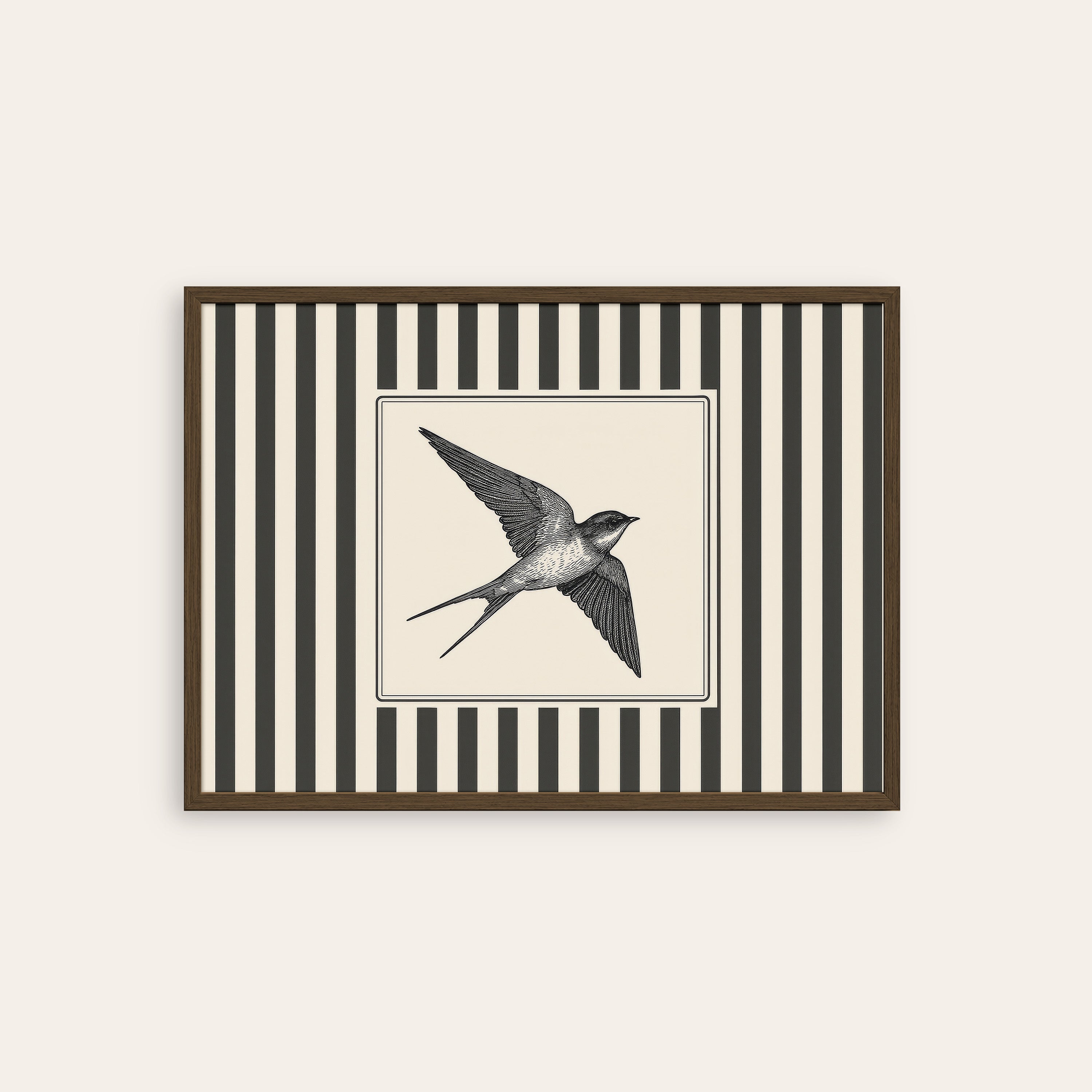 Ticking Stripe Swallow — Engraving Print – dark wood frame