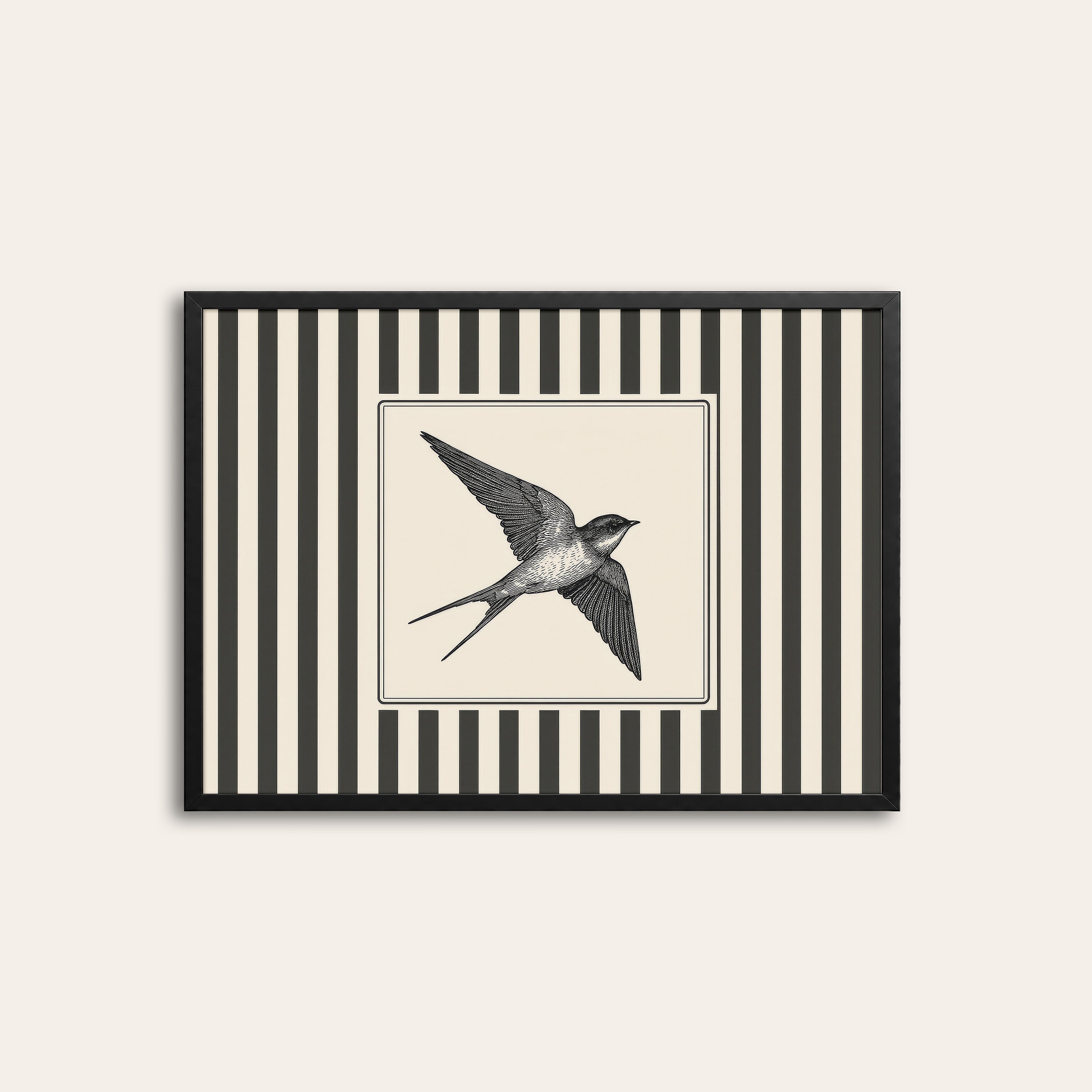 Ticking Stripe Swallow — Engraving Print – black frame