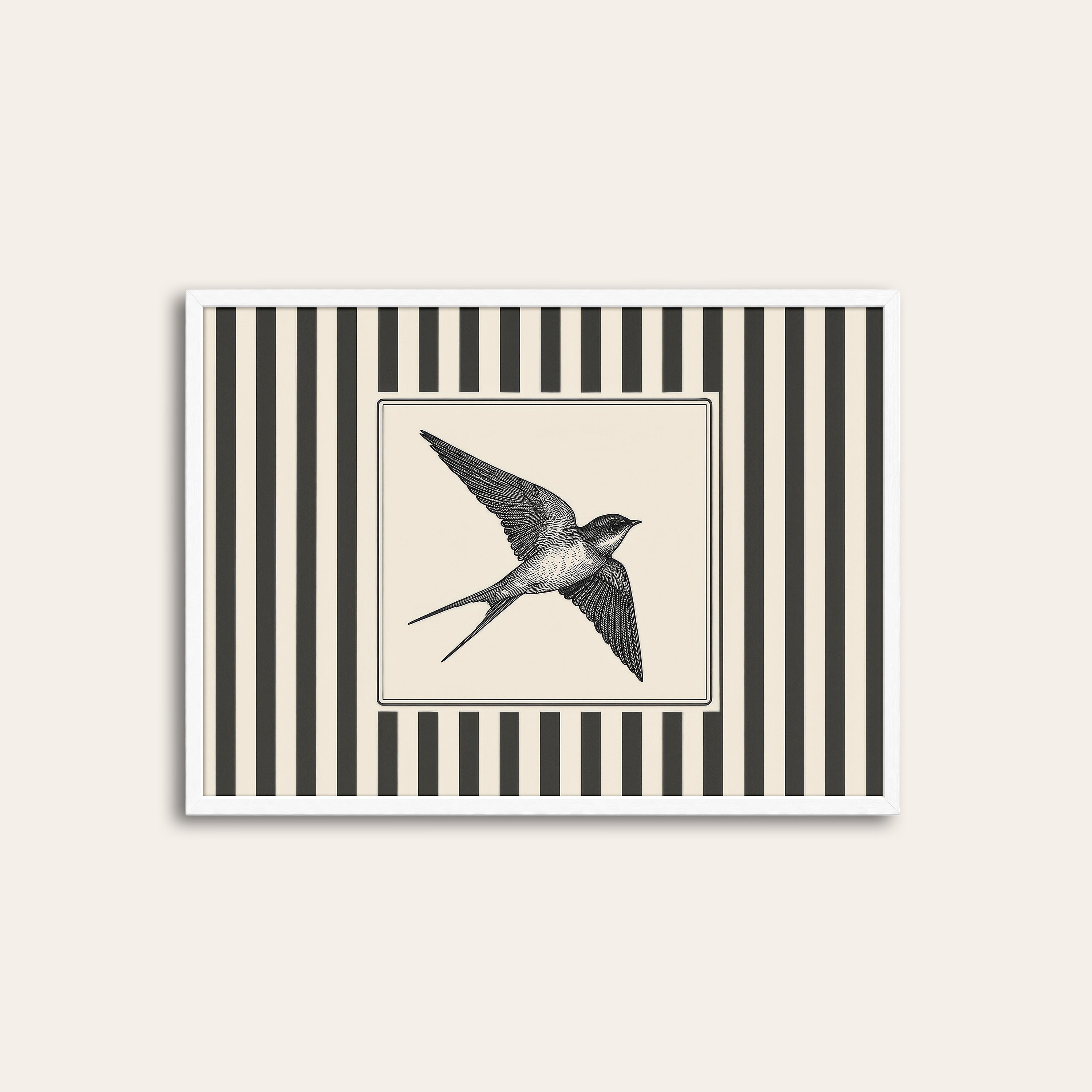 Ticking Stripe Swallow — Engraving Print – white frame