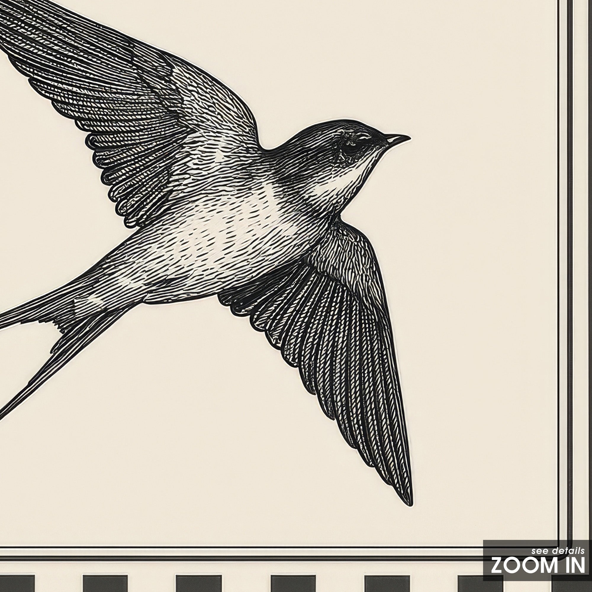 Ticking Stripe Swallow — Engraving Print – in room setting