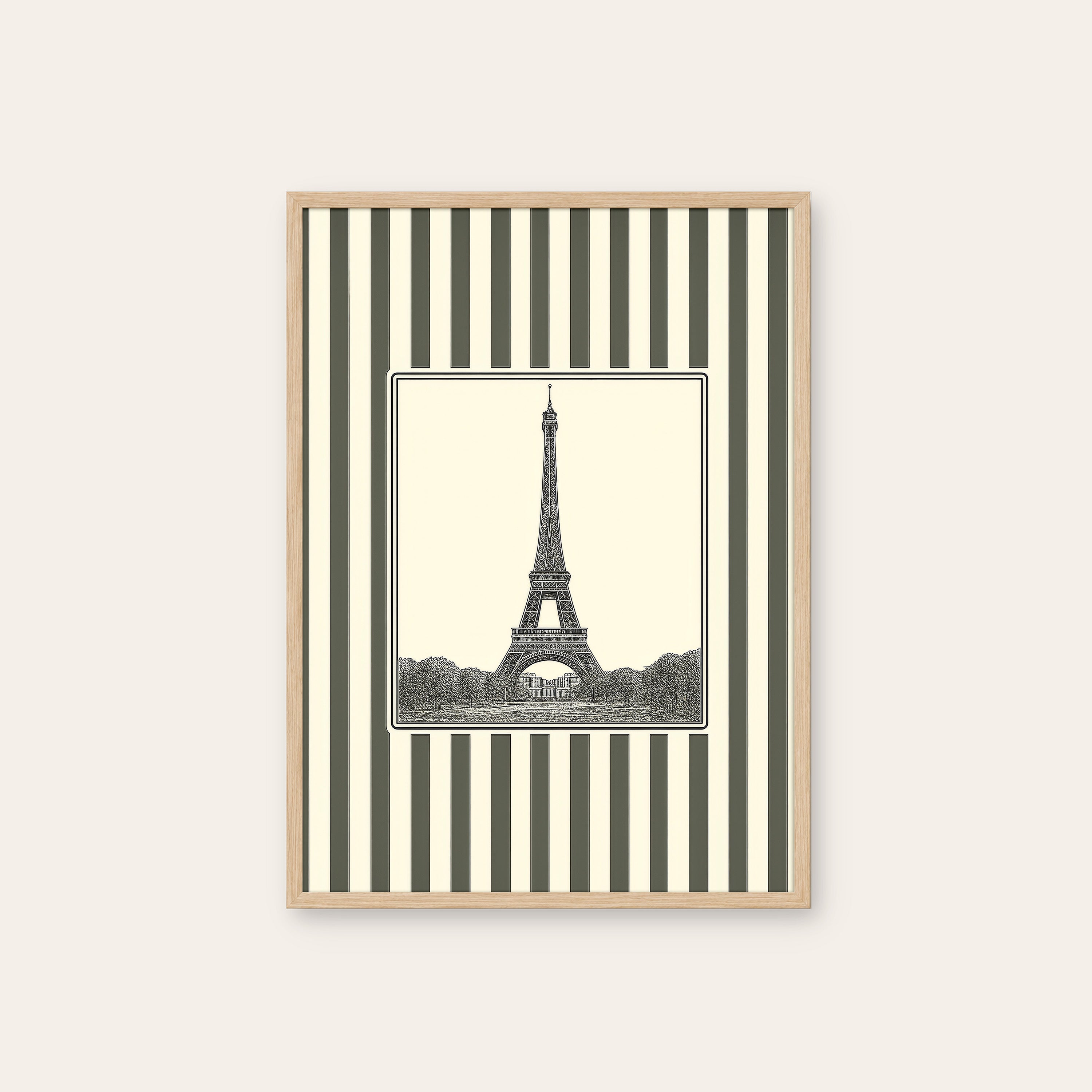 Ticking Stripe Eiffel — Engraving Print – natural wood frame