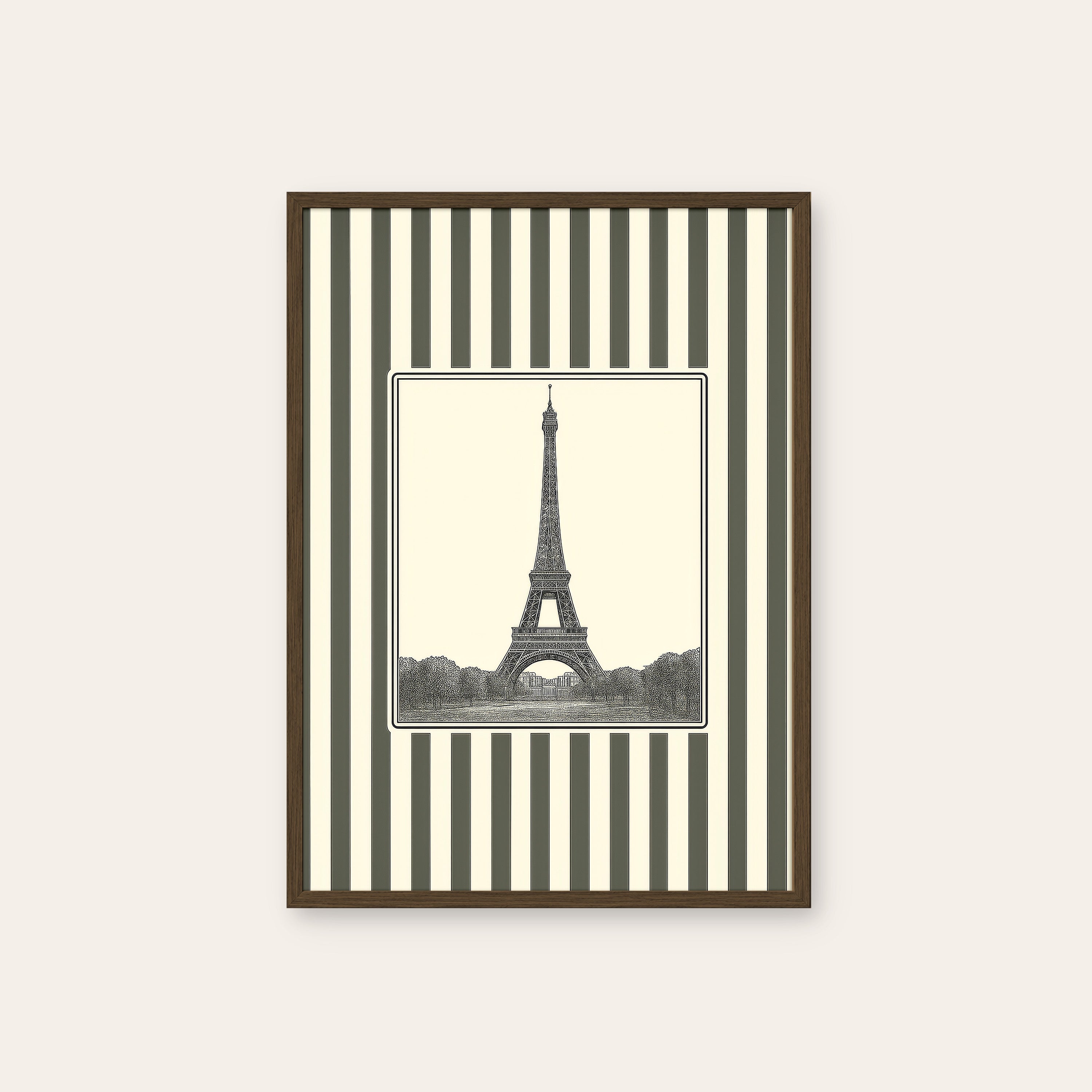 Ticking Stripe Eiffel — Engraving Print – dark wood frame
