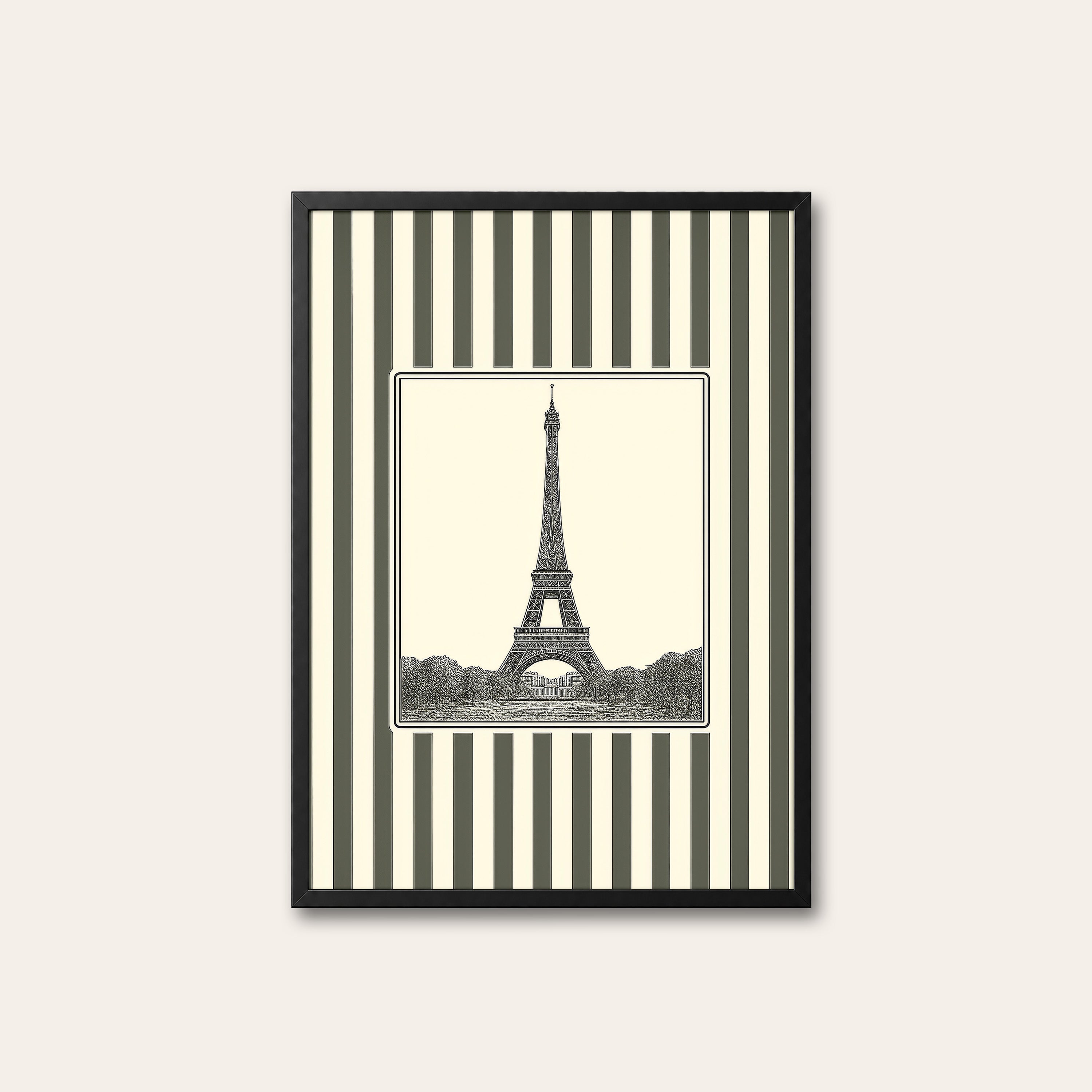Ticking Stripe Eiffel — Engraving Print – black frame