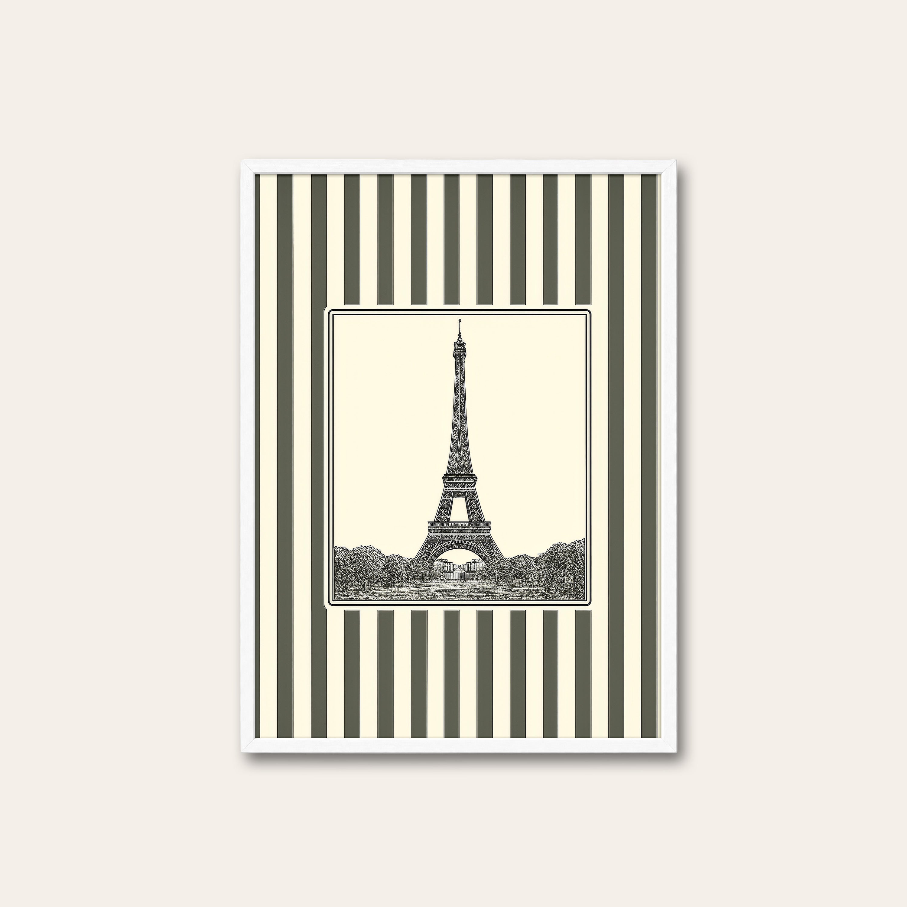Ticking Stripe Eiffel — Engraving Print – white frame