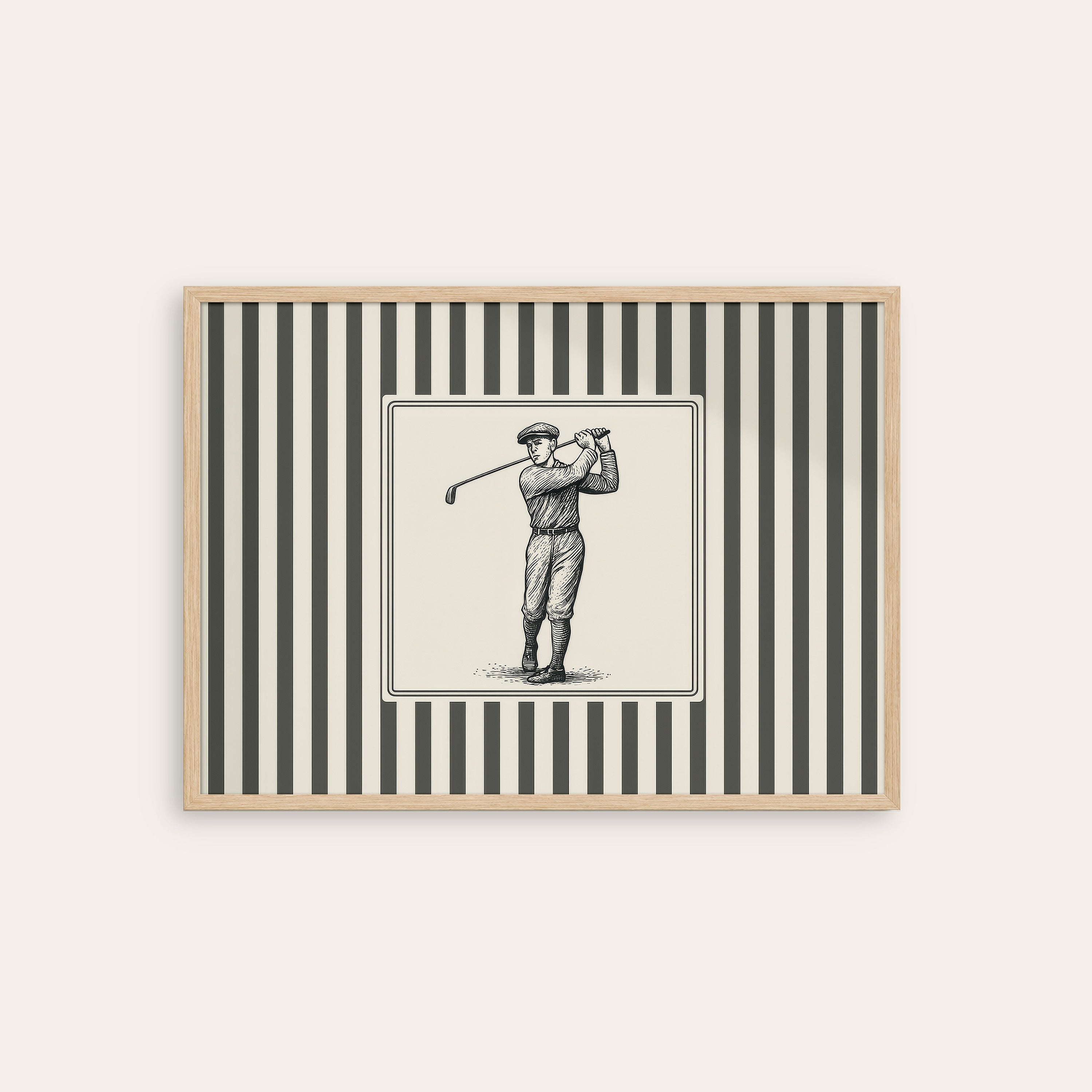 Ticking Stripe Golfer — Engraving Print – natural wood frame