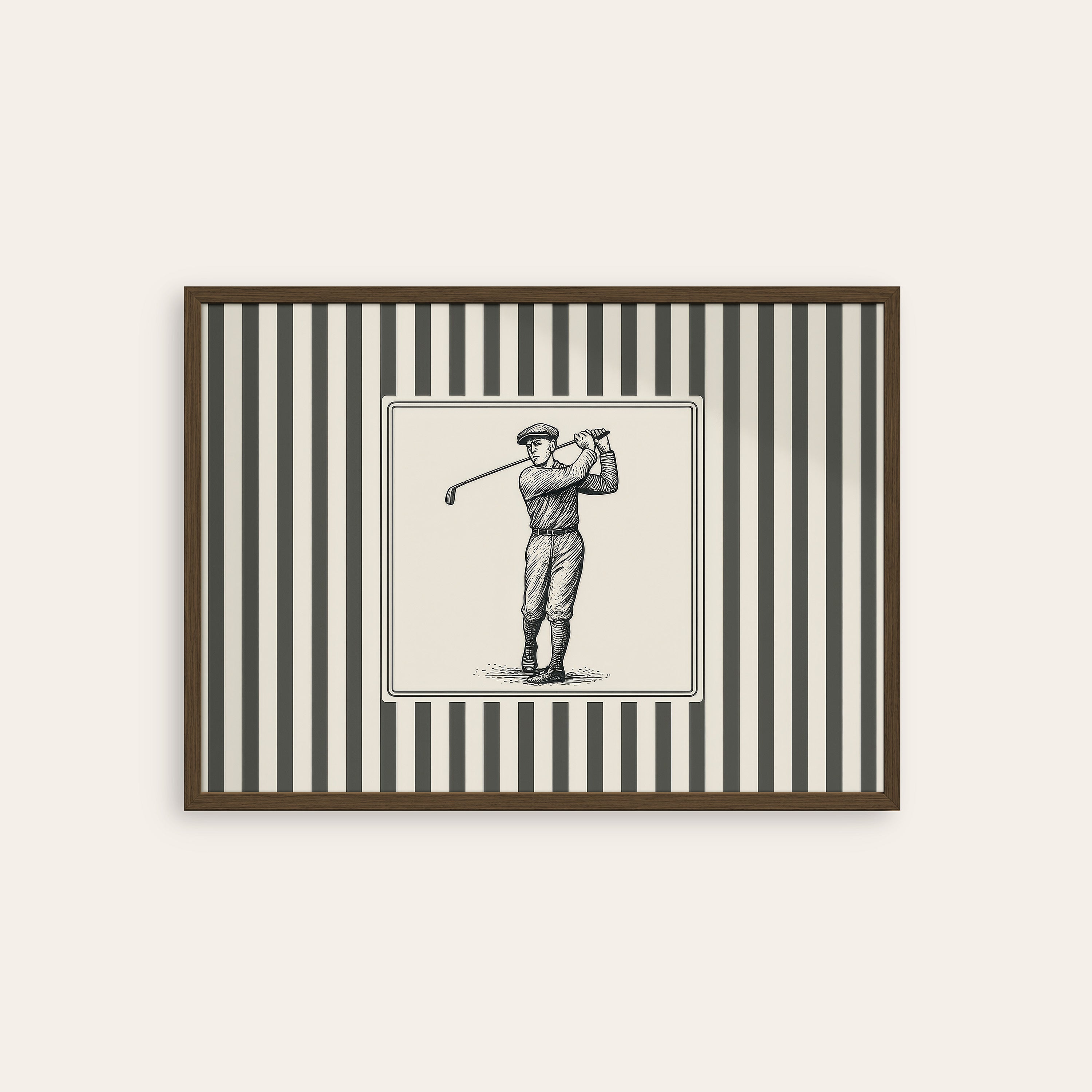 Ticking Stripe Golfer — Engraving Print – dark wood frame