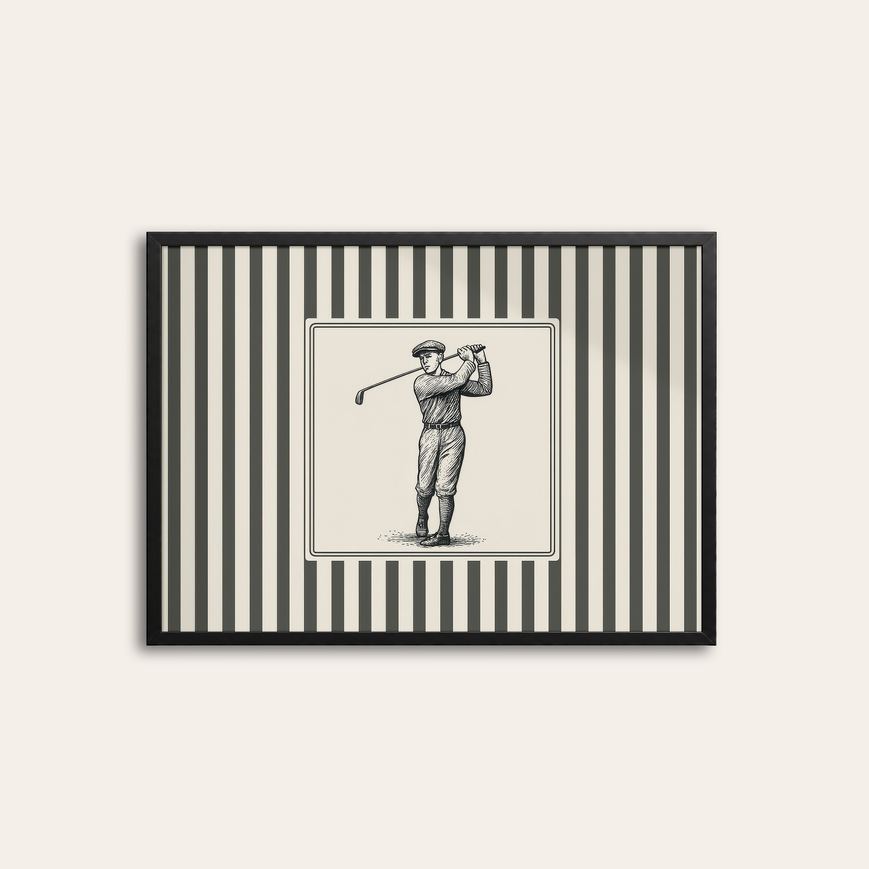 Ticking Stripe Golfer — Engraving Print – black frame