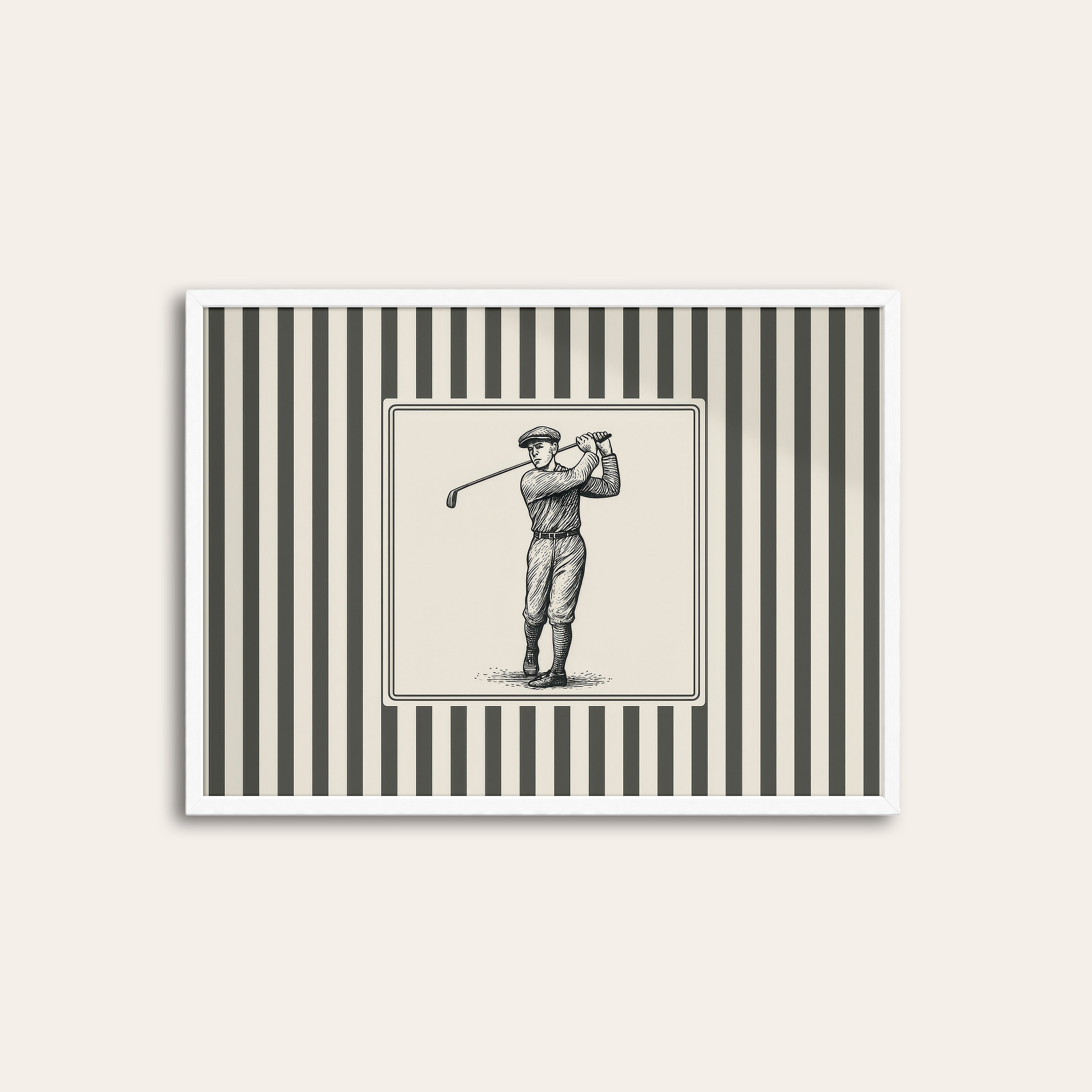 Ticking Stripe Golfer — Engraving Print – white frame