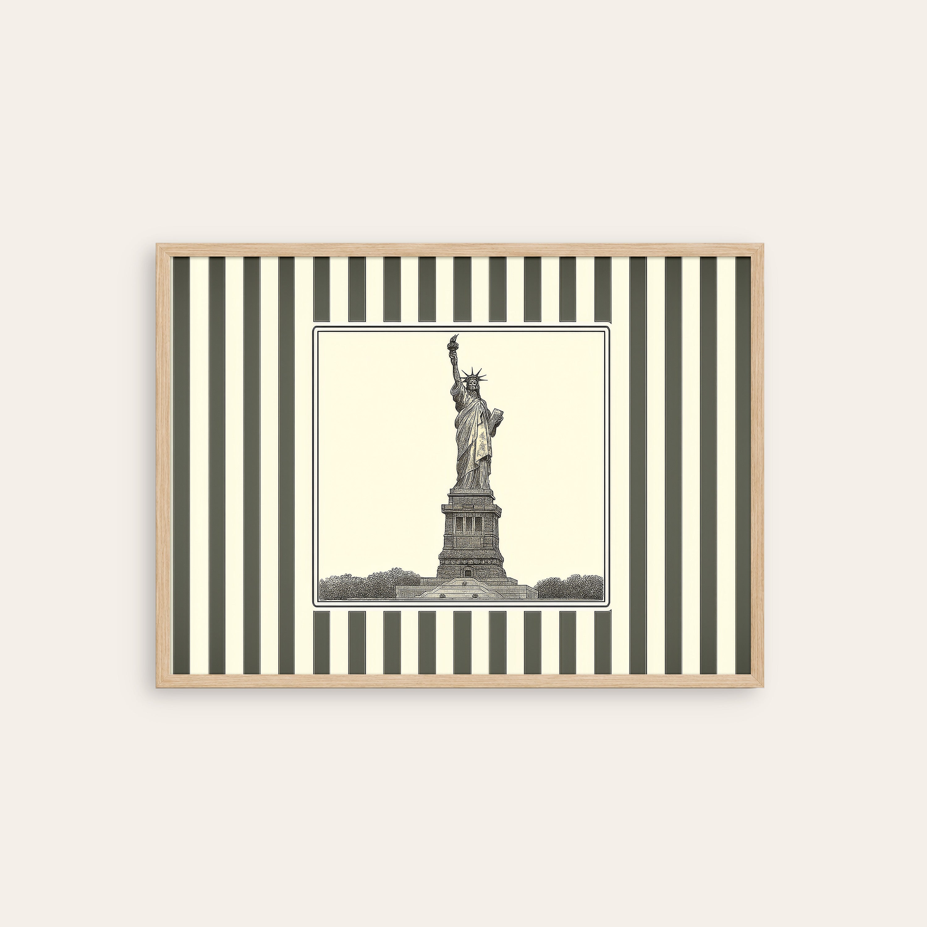 Ticking Stripe Liberty — Engraving Print – natural wood frame