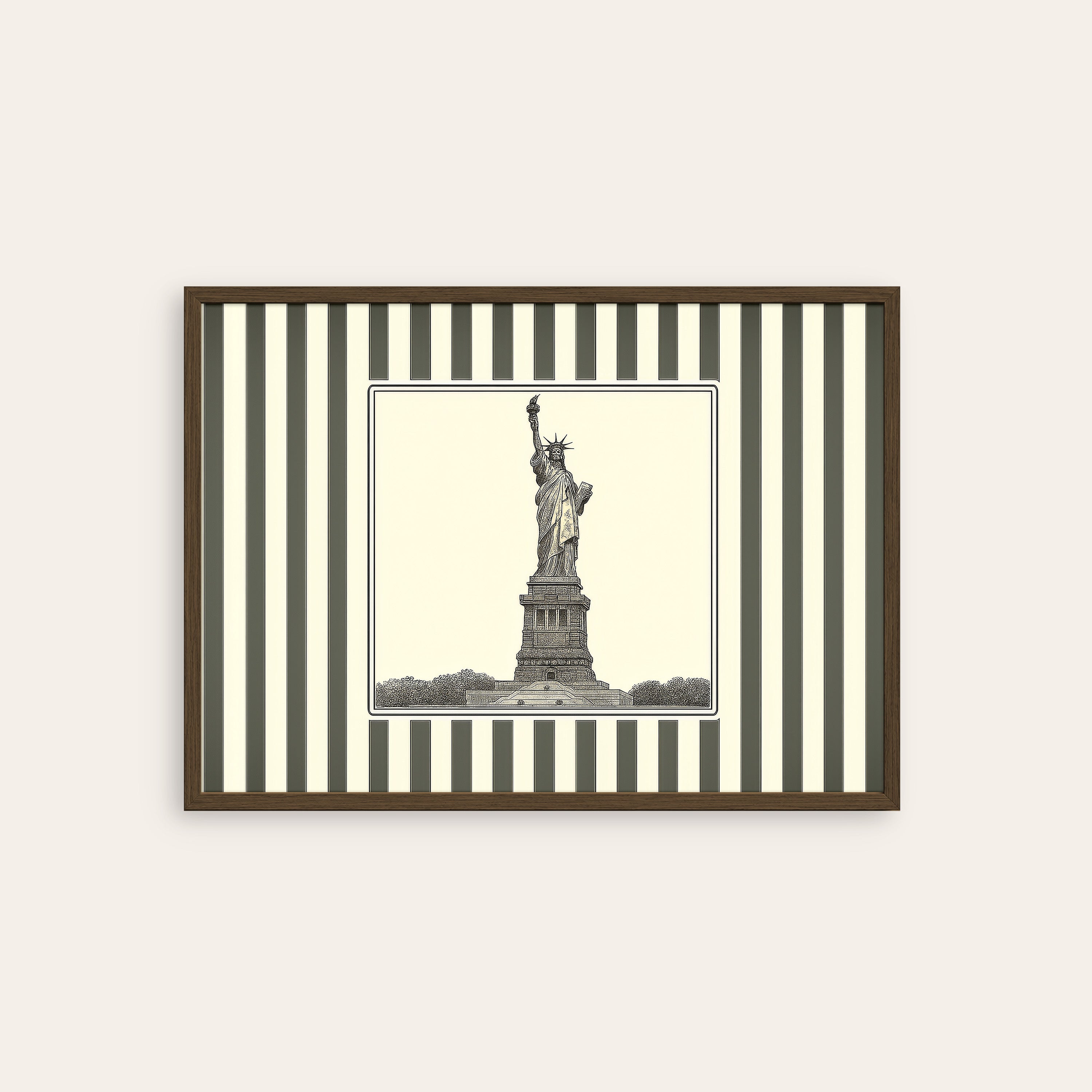 Ticking Stripe Liberty — Engraving Print – dark wood frame